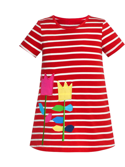 Girls Dress Tee Cotton Sunflower Petal Short Sleeve Red