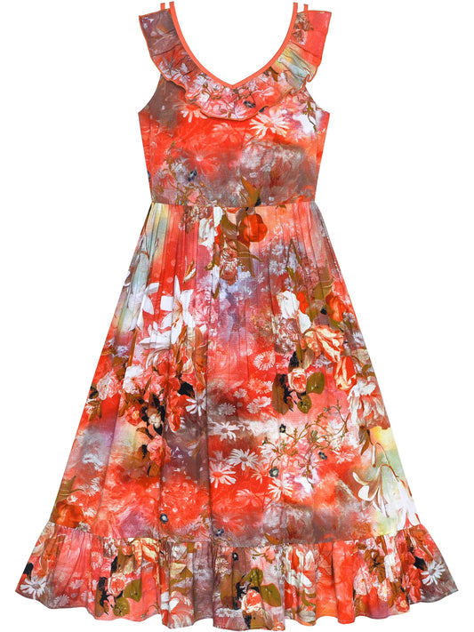 Girls Dress Floral Cotton Casual Summer Beach Sundress Multi-Color