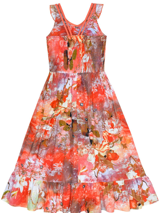 Girls Dress Floral Cotton Casual Summer Beach Sundress Multi-Color