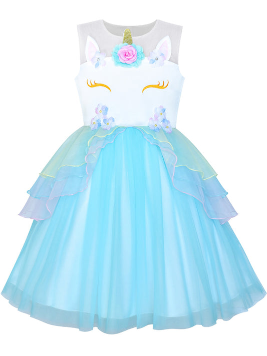 Girls Dress Pink Unicorn Costume Cosplay Princess Pageant Party Blue