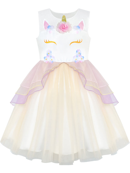 Girls Dress Pink Unicorn Costume Cosplay Princess Pageant Party Beige