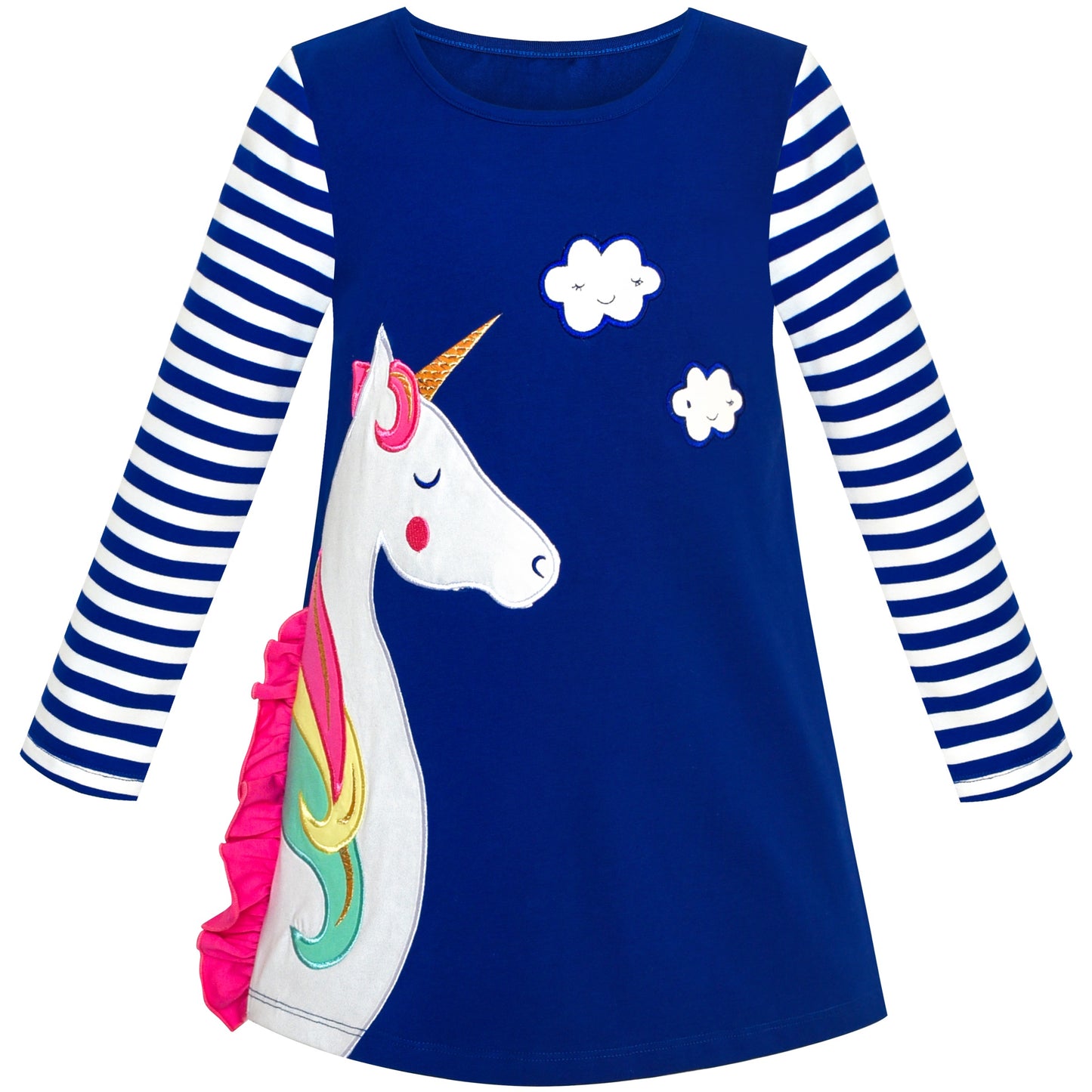 Girls Dress Long Sleeve Christmas Reindeer Snow Holiday Party Blue