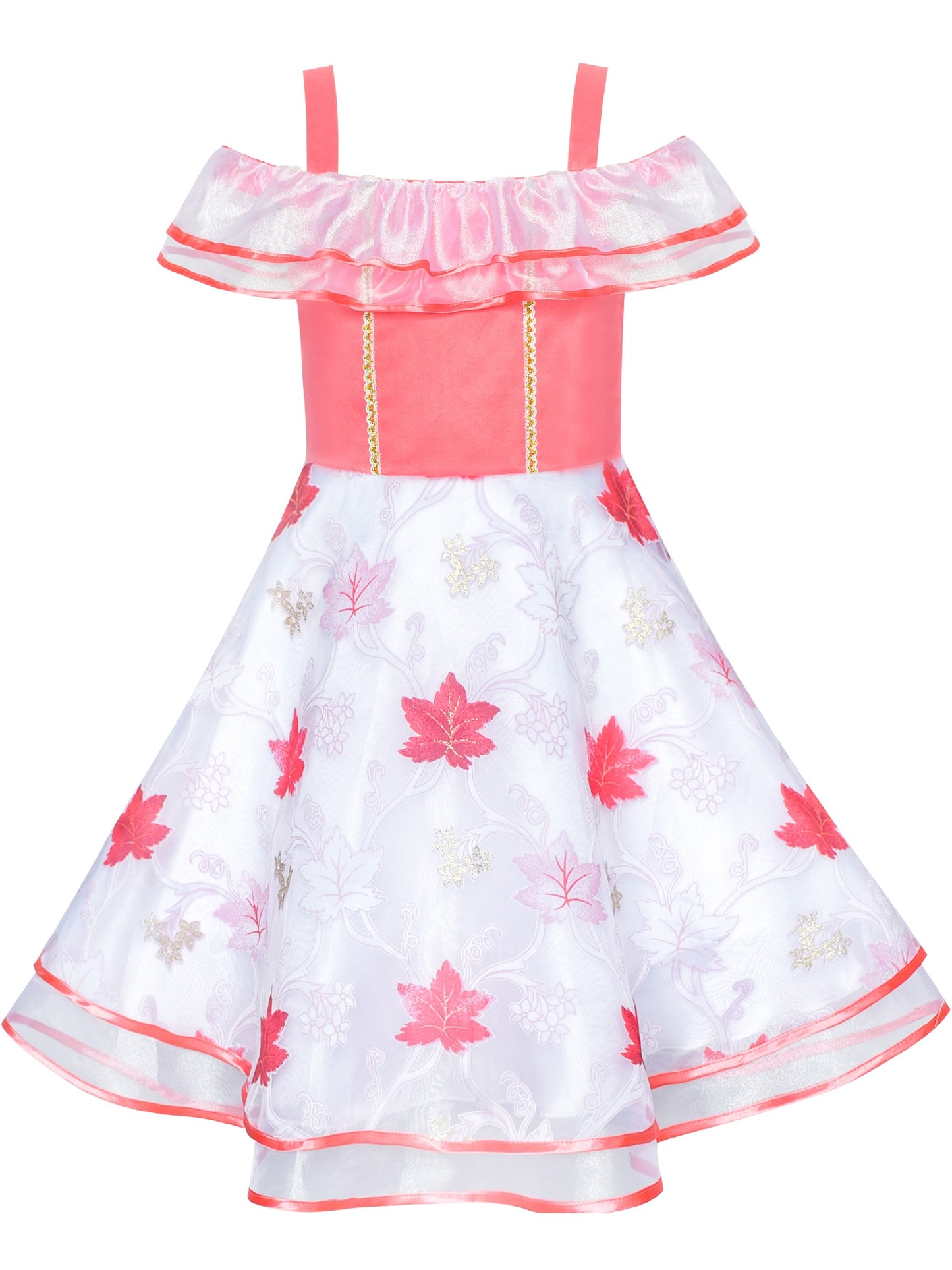 Girls Dress Cold Shoulder Sleeveless Lace Flower Ruffle Red