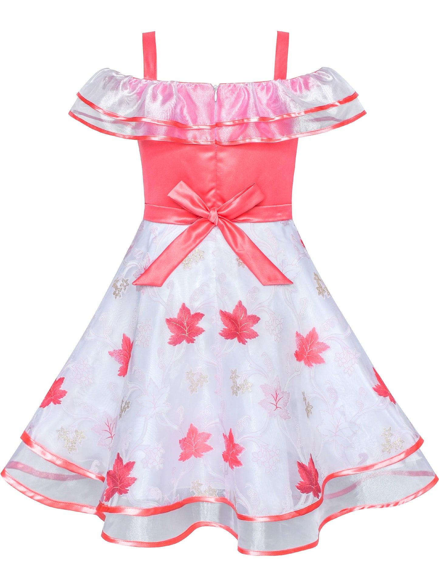 Girls Dress Cold Shoulder Sleeveless Lace Flower Ruffle Red