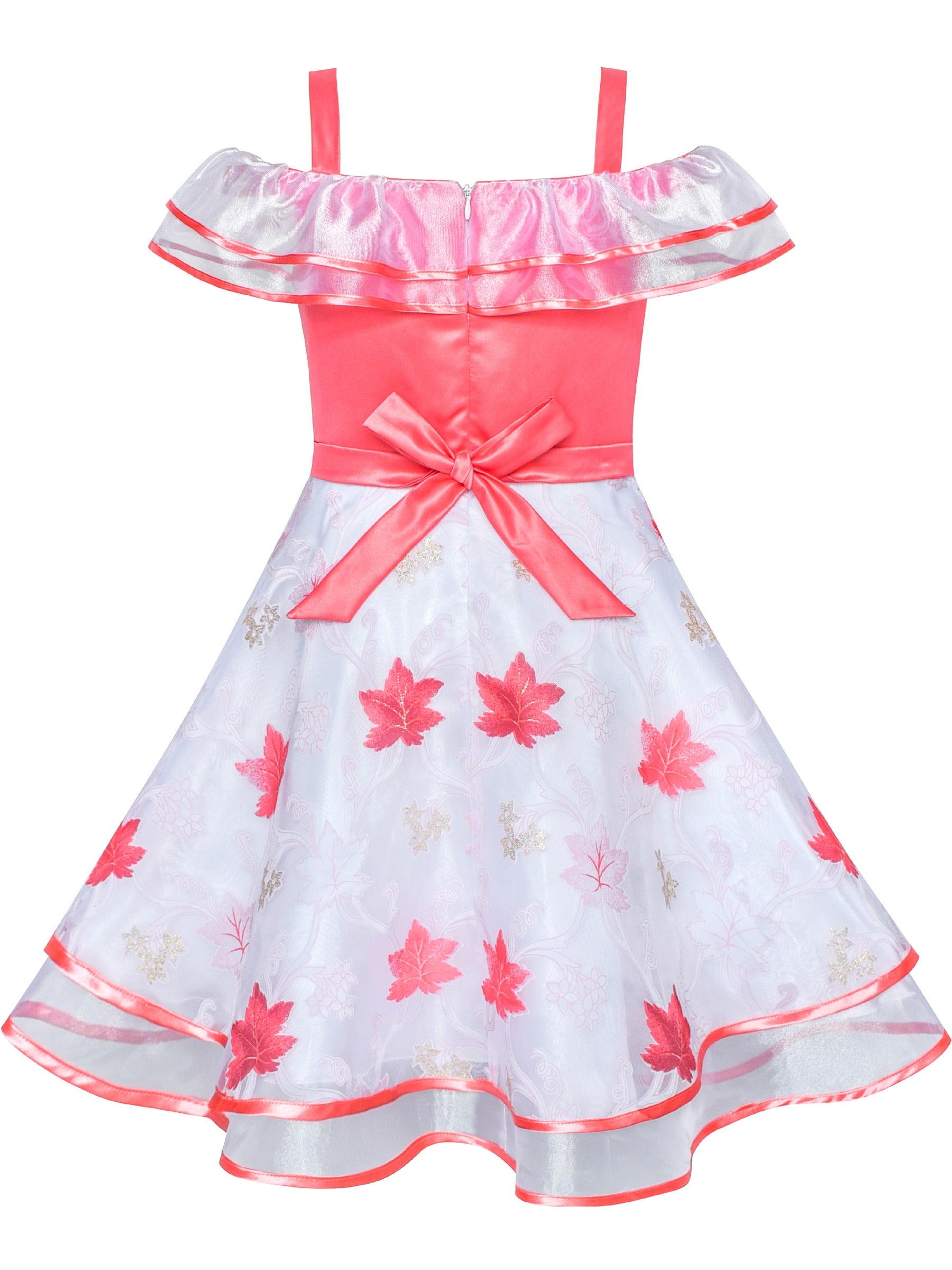 Girls Dress Cold Shoulder Sleeveless Lace Flower Ruffle Red