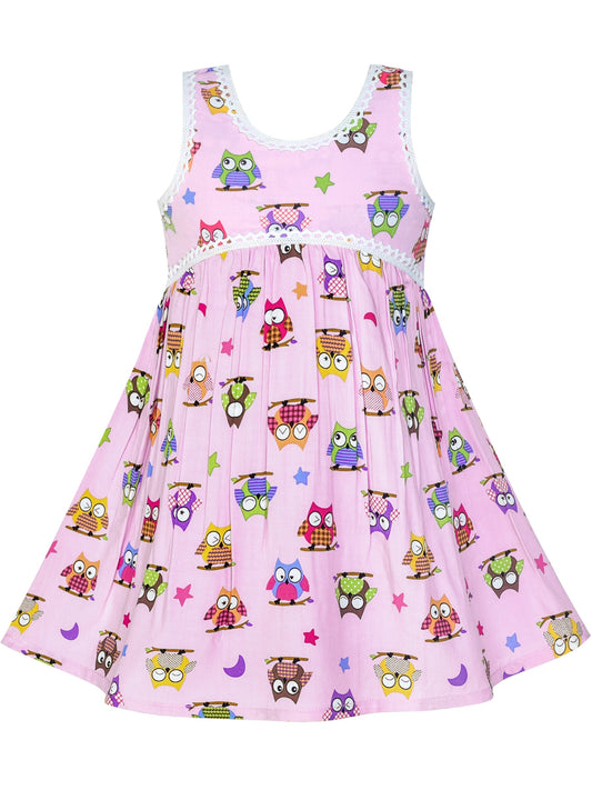Girls Dress Sleeveless Mushrooms Frog Cotton Casual Pink