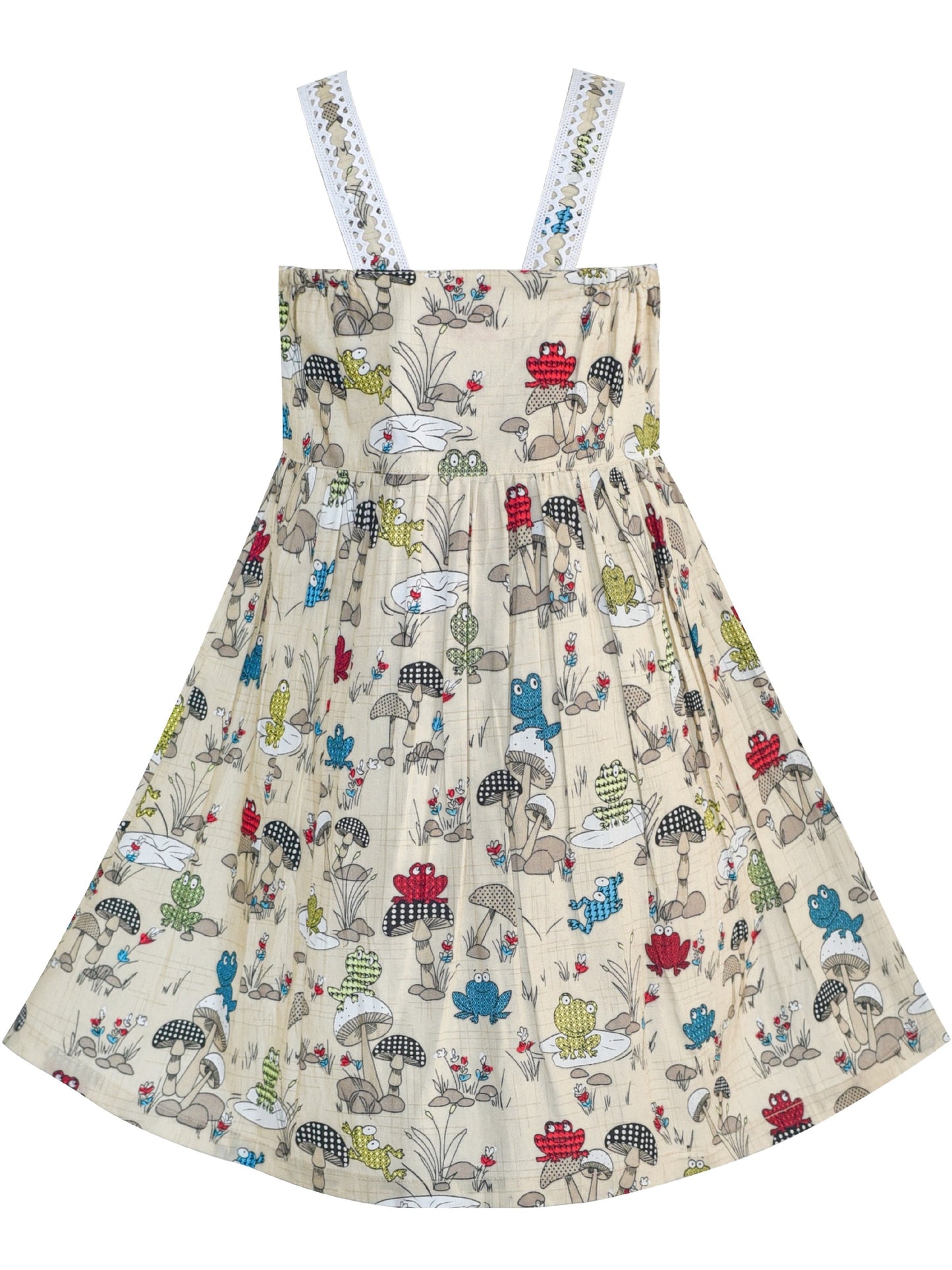Girls Dress Sleeveless Mushrooms Frog Cotton Casual Beige