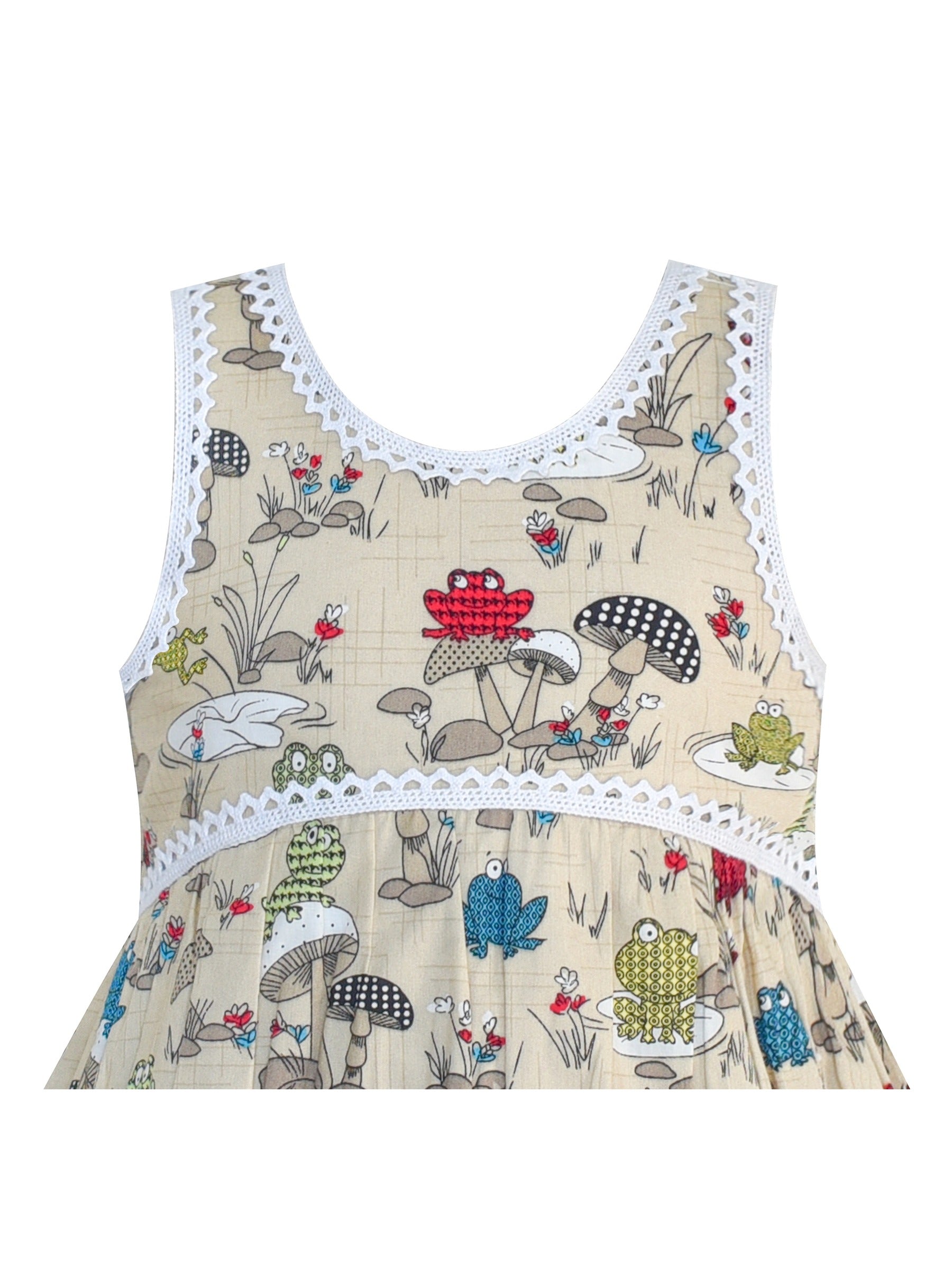 Girls Dress Sleeveless Mushrooms Frog Cotton Casual Beige