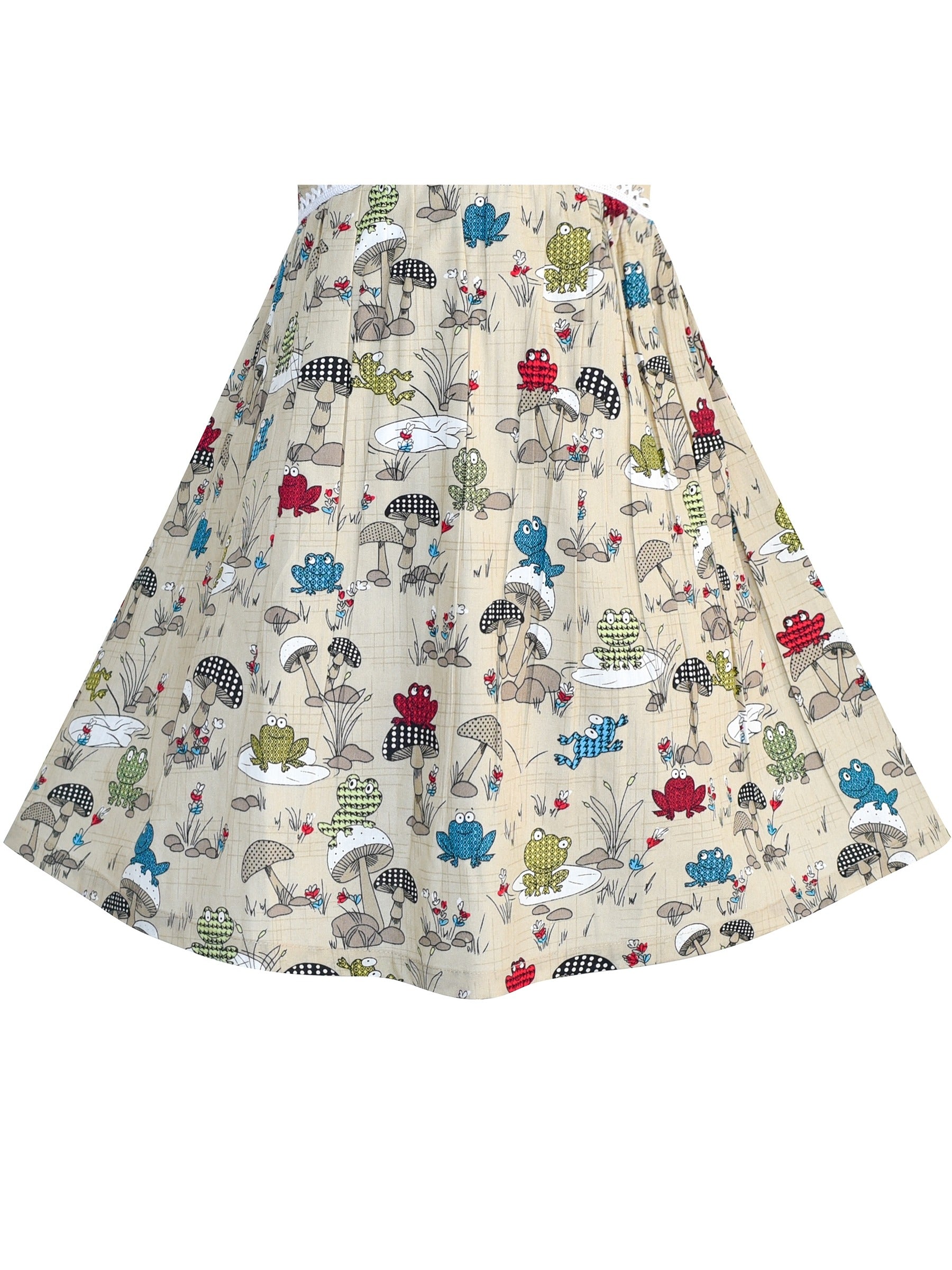 Girls Dress Sleeveless Mushrooms Frog Cotton Casual Beige