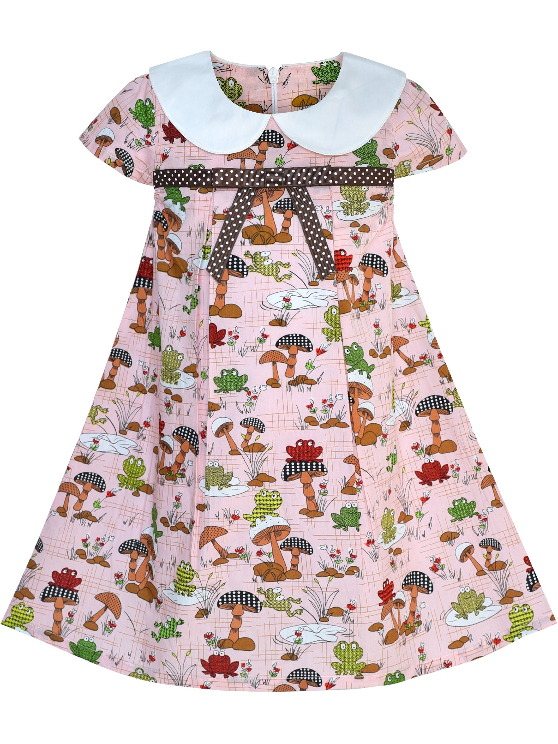 Girls Dress Sleeveless Mushrooms Frog Cotton Casual Pink