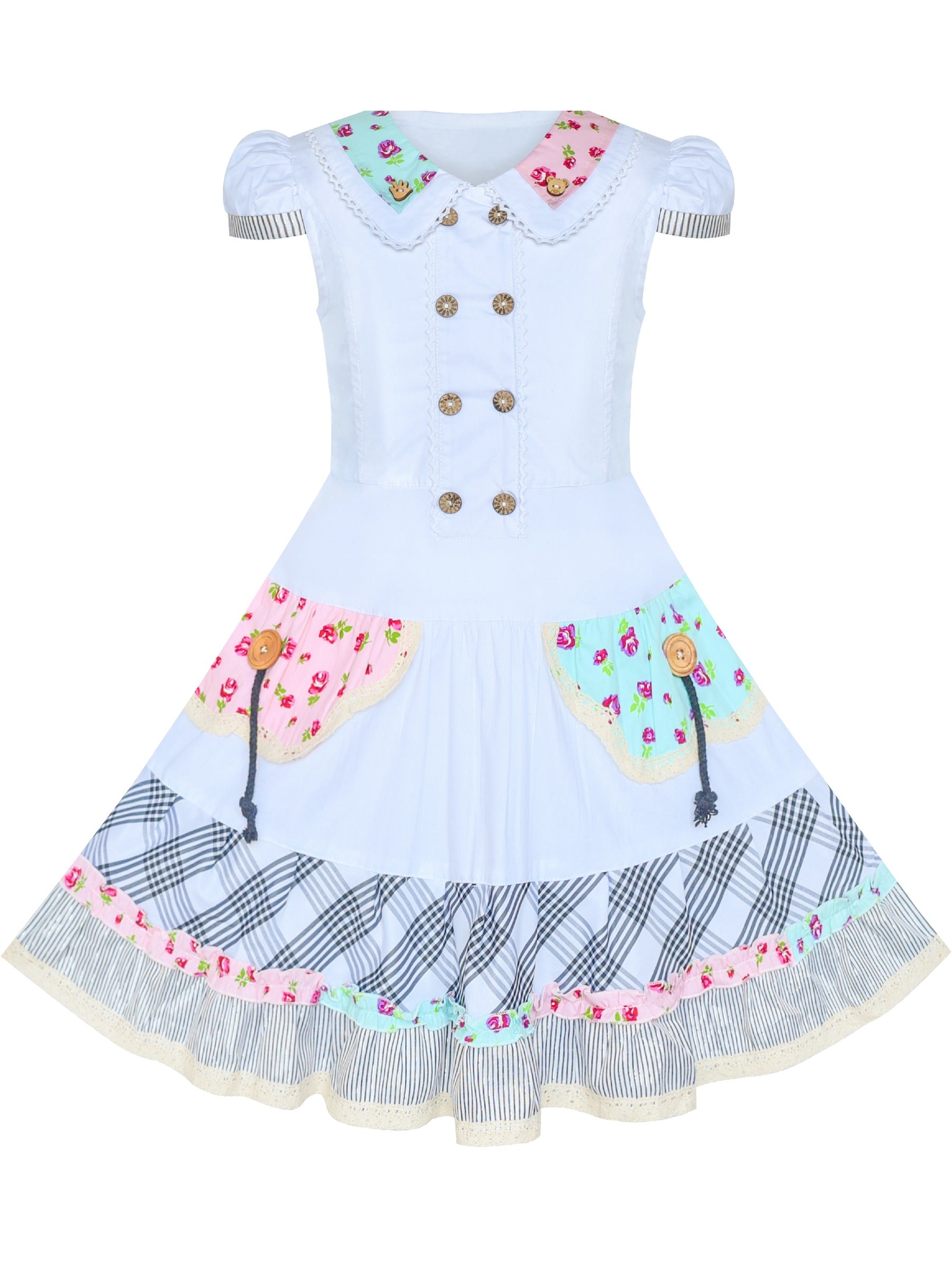 Girls Dress Blue Button Casual Short Sleeve Everyday White