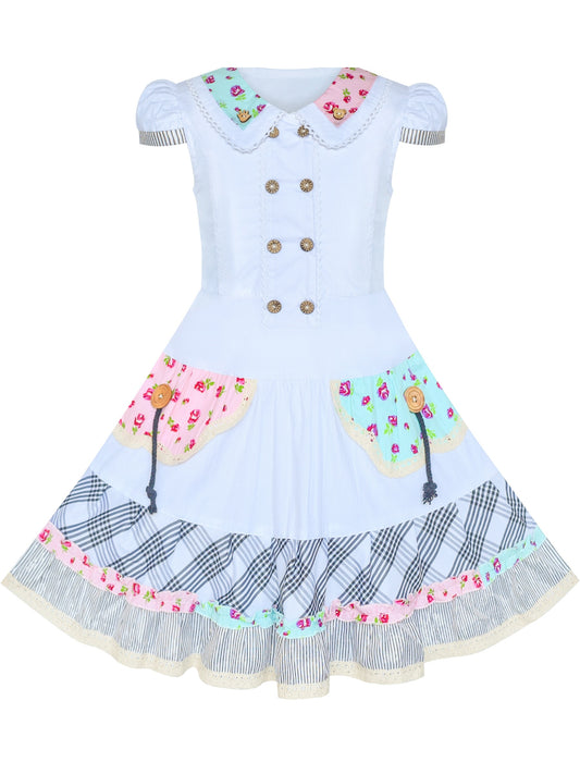 Girls Dress Blue Button Casual Short Sleeve Everyday White