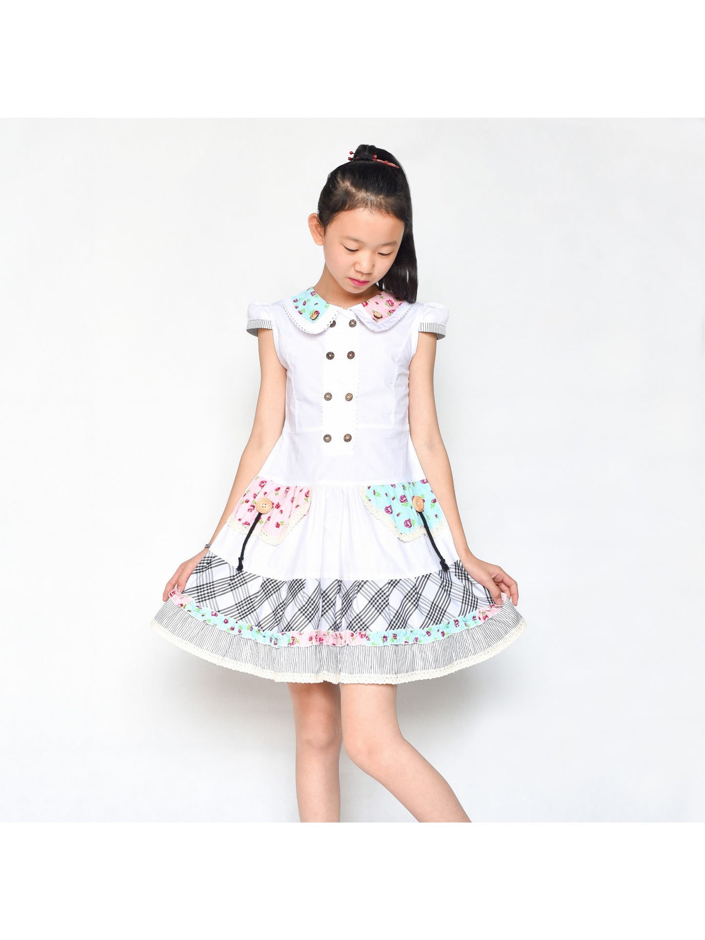 Girls Dress Blue Button Casual Short Sleeve Everyday White