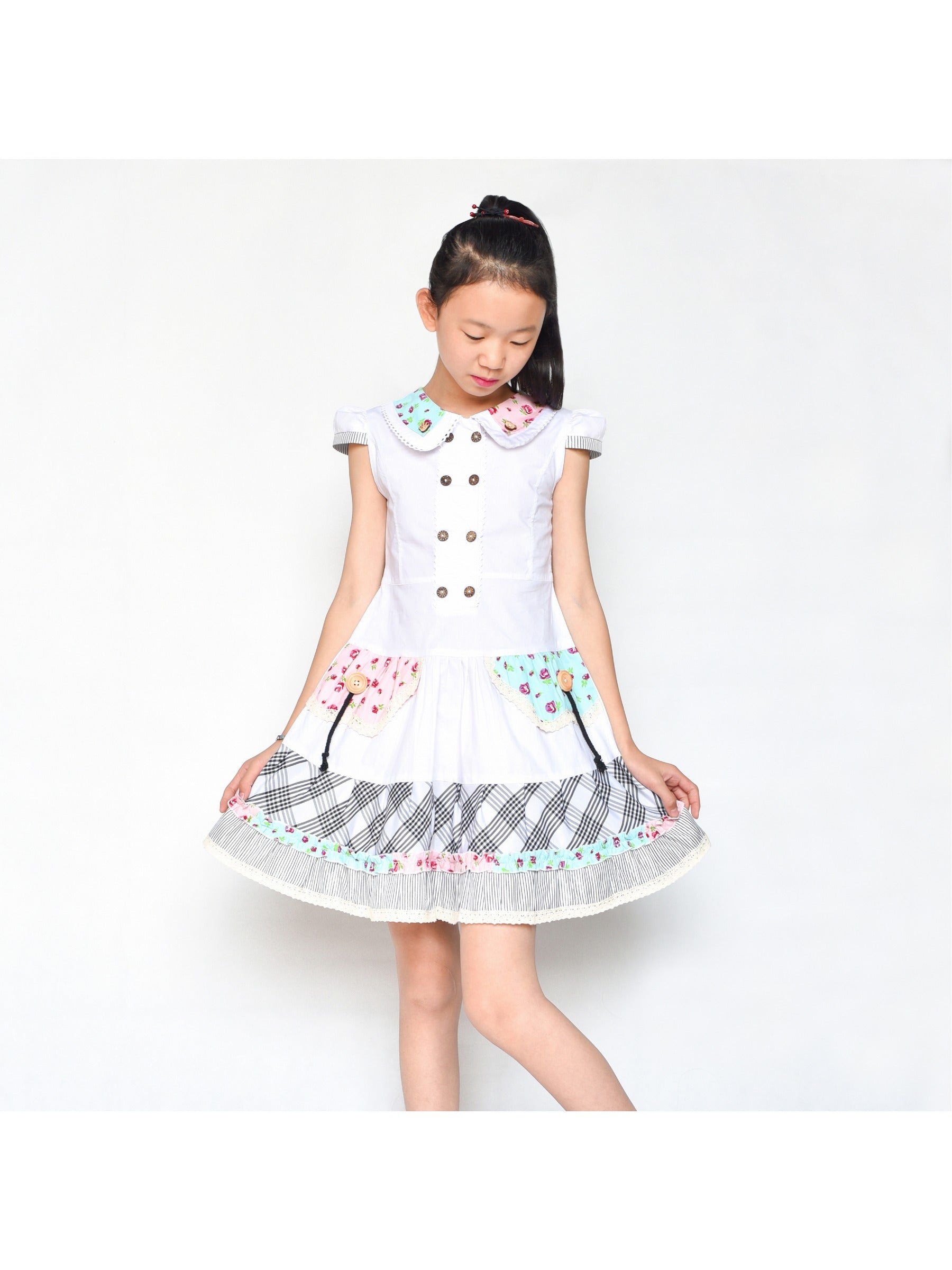 Girls Dress Blue Button Casual Short Sleeve Everyday White