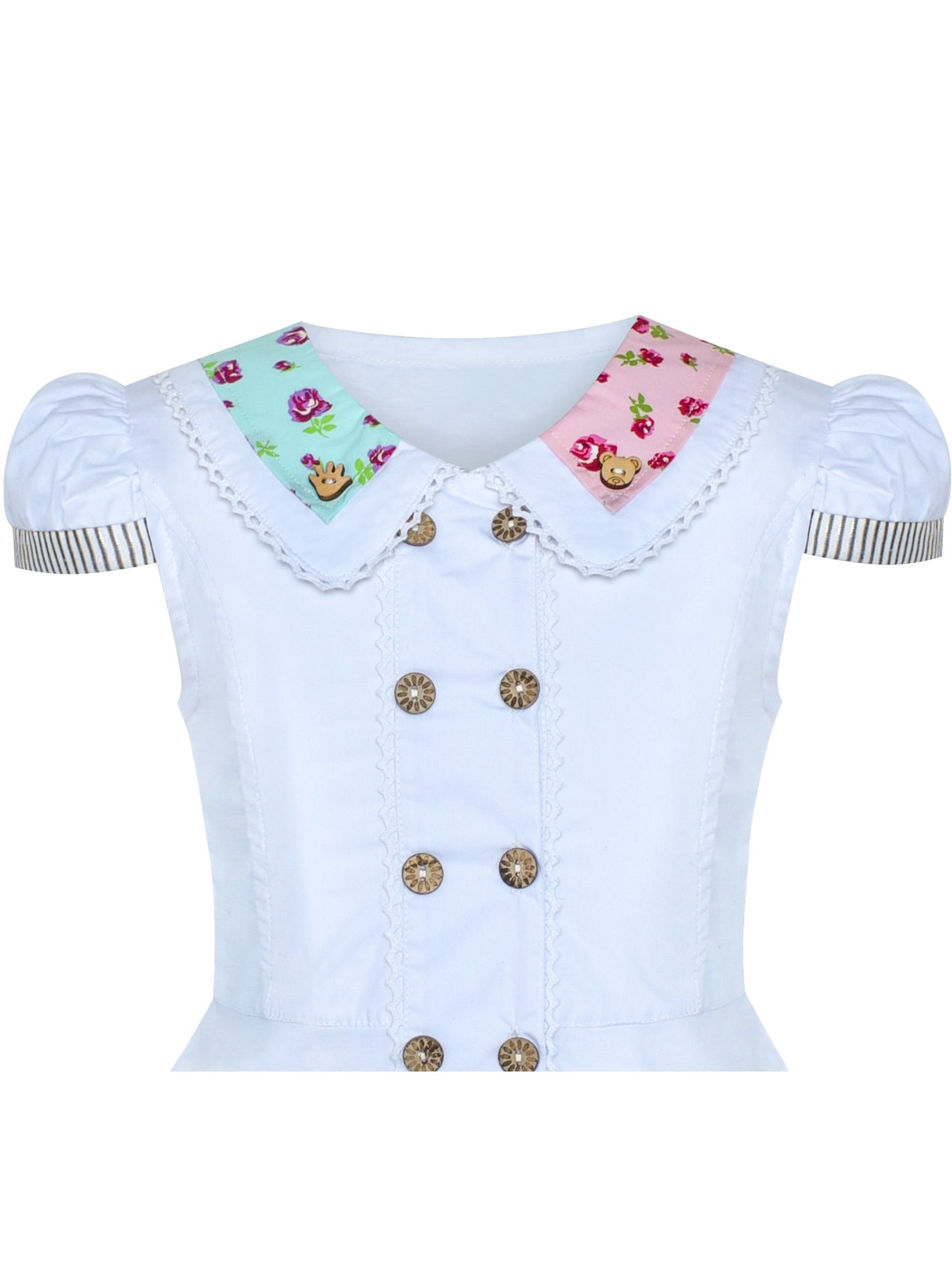 Girls Dress Blue Button Casual Short Sleeve Everyday White