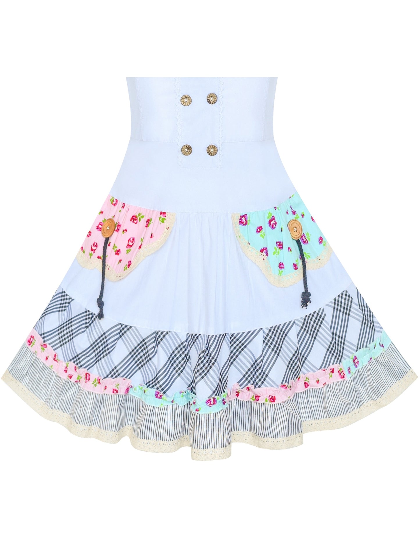 Girls Dress Blue Button Casual Short Sleeve Everyday White