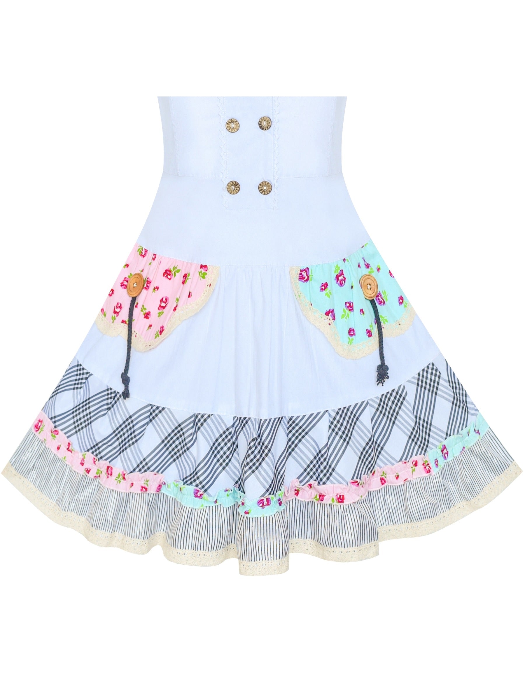 Girls Dress Blue Button Casual Short Sleeve Everyday White