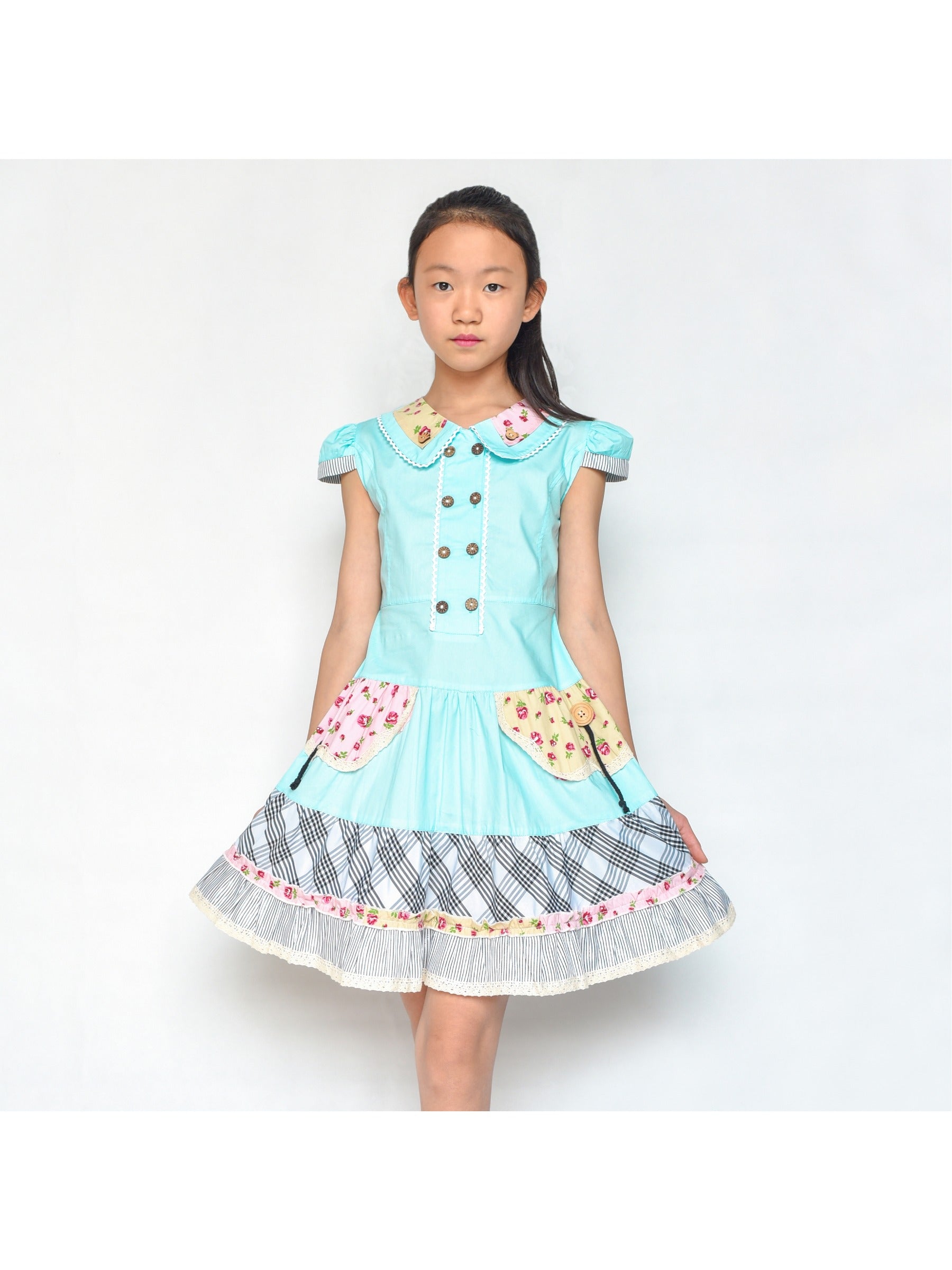 Girls Dress Blue Button Casual Short Sleeve Everyday Blue