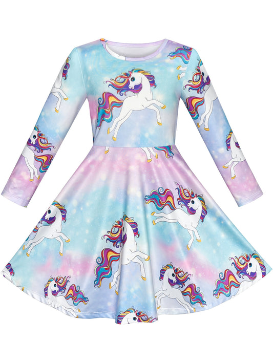 Girls Dress Unicorn Rainbow Casual Long Sleeve Blue
