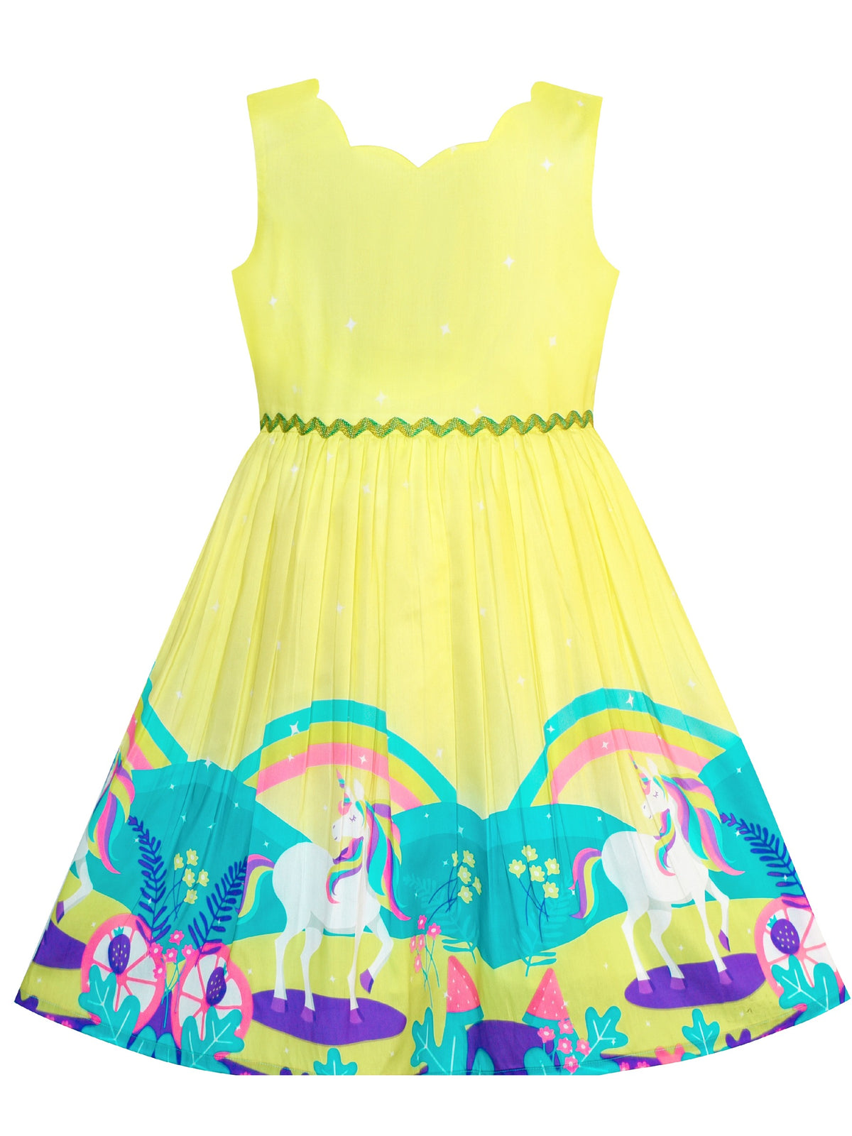 Girls Dress Embroidered Sash Blooming Flower Painting Style Blue - Yellow Unicorn