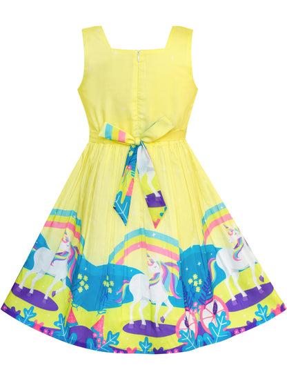Girls Dress Embroidered Sash Blooming Flower Painting Style Blue - Yellow Unicorn
