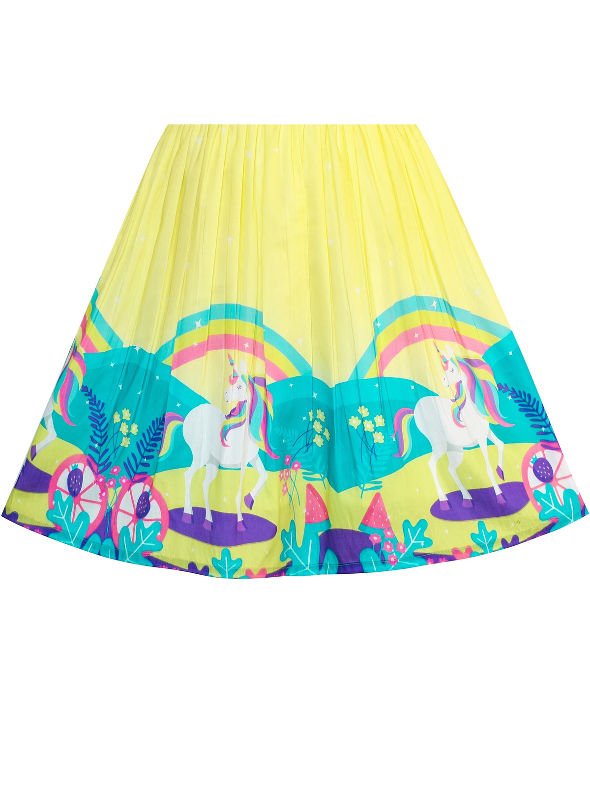 Girls Dress Embroidered Sash Blooming Flower Painting Style Blue - Yellow Unicorn