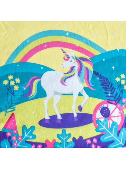 Girls Dress Embroidered Sash Blooming Flower Painting Style Blue - Yellow Unicorn