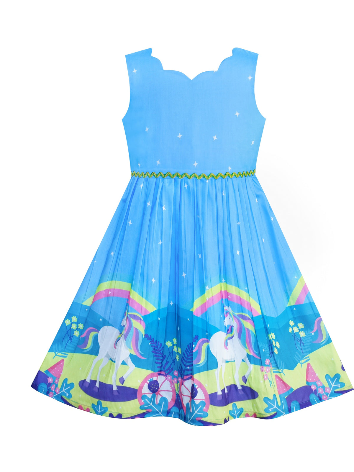 Girls Dress Embroidered Sash Blooming Flower Painting Style Blue - Blue Unicorn