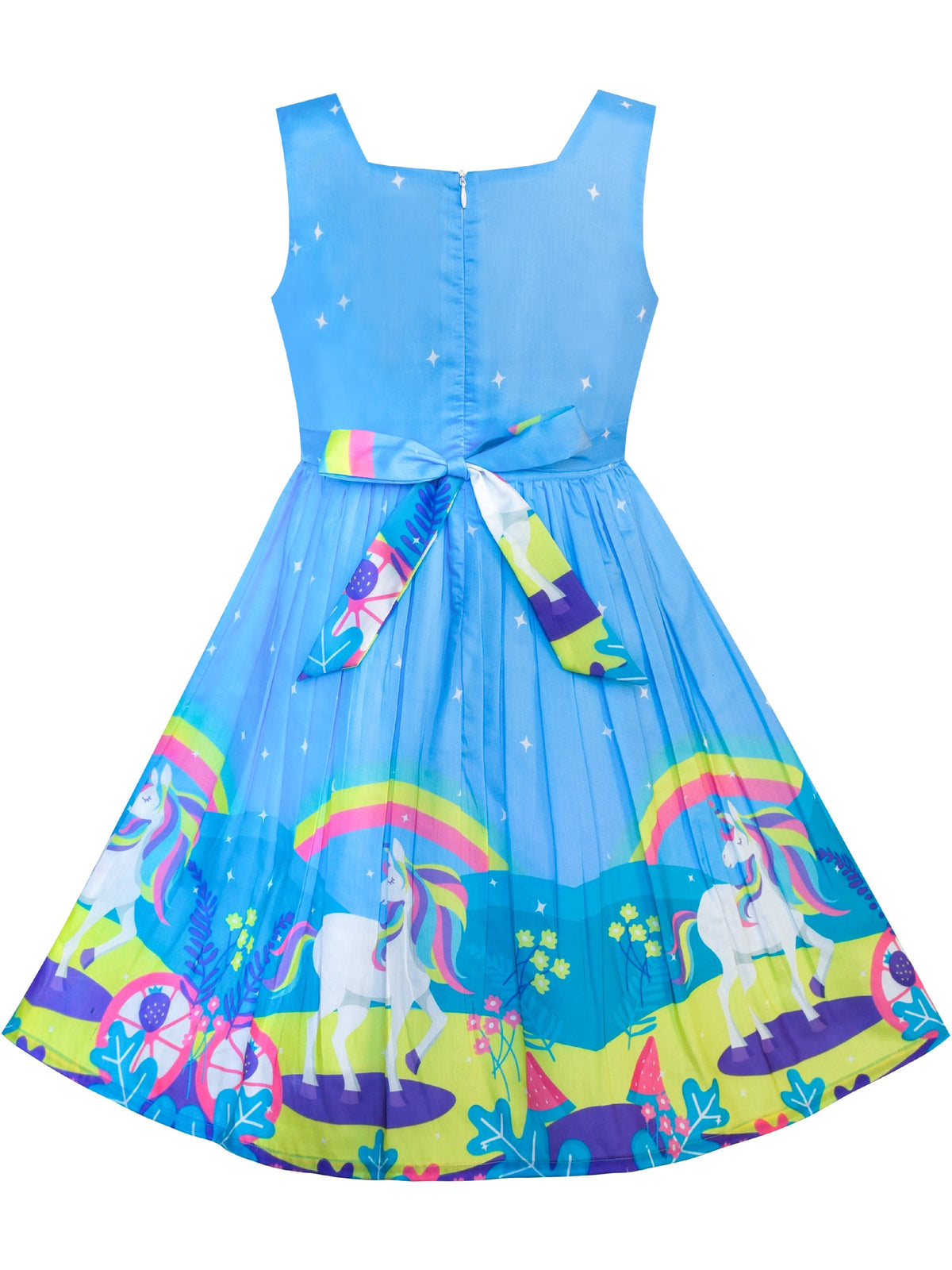 Girls Dress Embroidered Sash Blooming Flower Painting Style Blue - Blue Unicorn