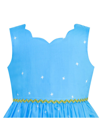 Girls Dress Embroidered Sash Blooming Flower Painting Style Blue - Blue Unicorn