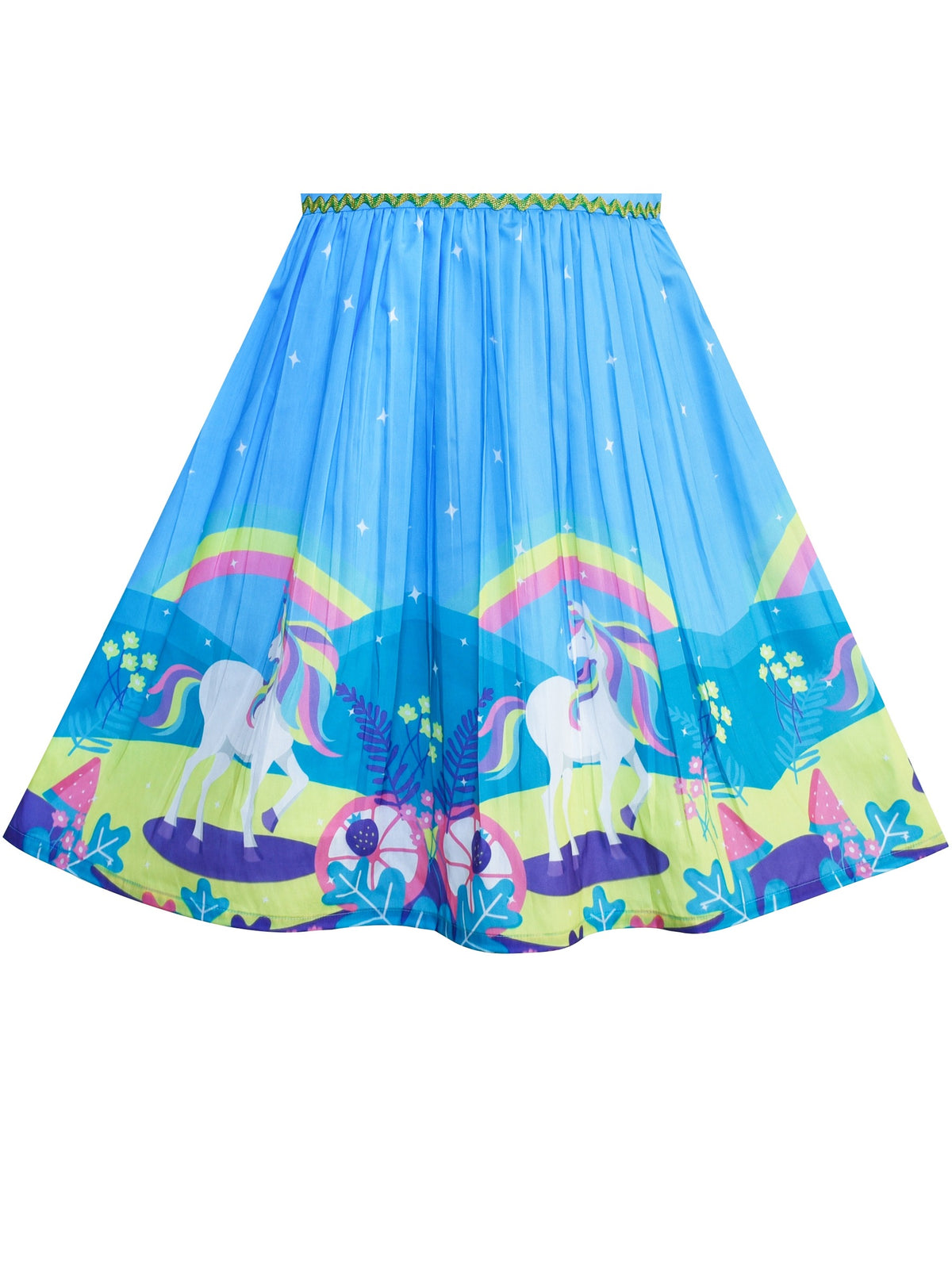 Girls Dress Embroidered Sash Blooming Flower Painting Style Blue - Blue Unicorn