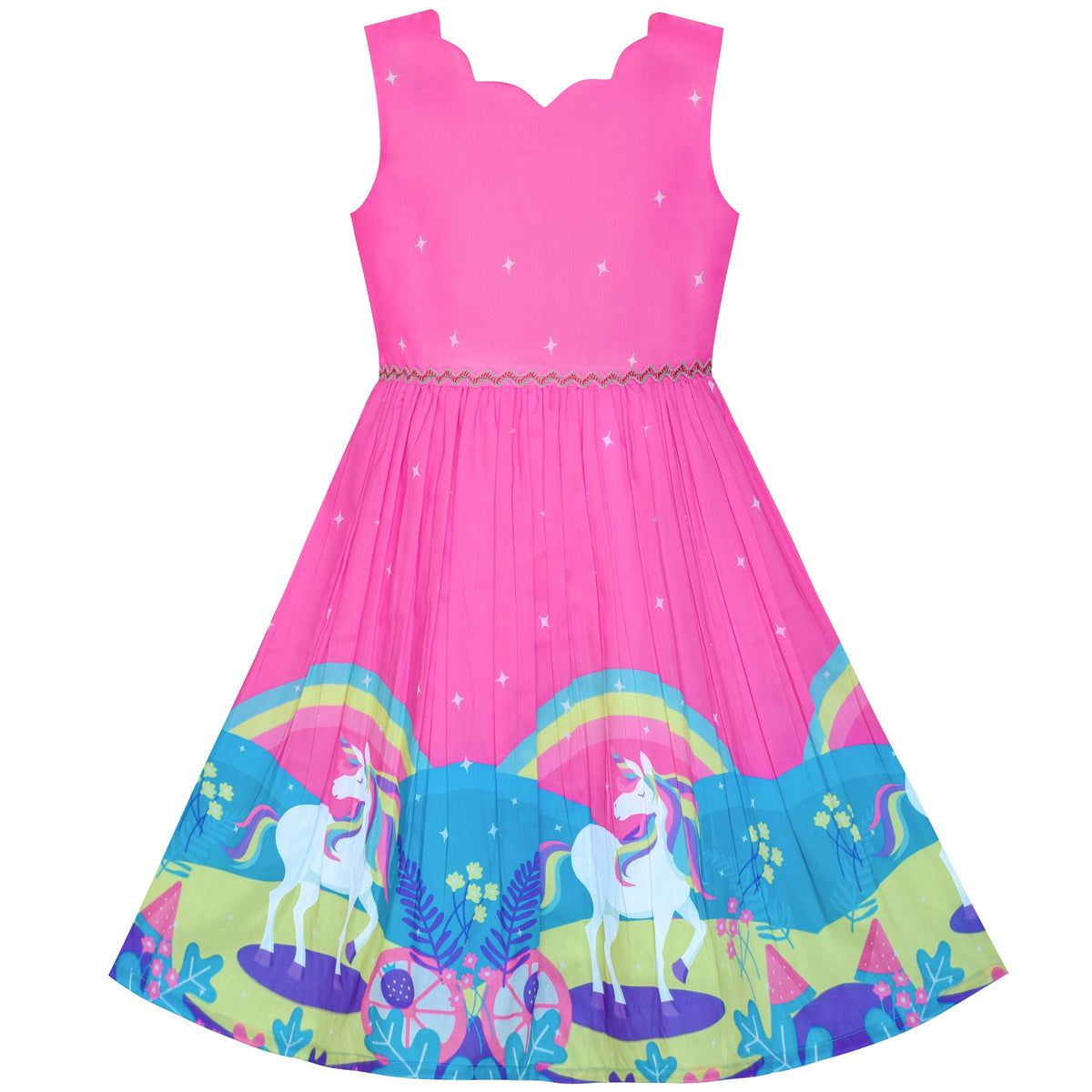 Girls Dress Embroidered Sash Blooming Flower Painting Style Blue - Pink Unicorn