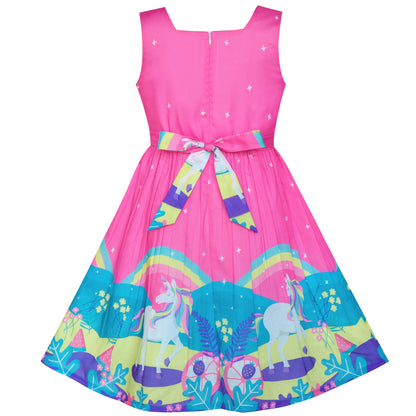 Girls Dress Embroidered Sash Blooming Flower Painting Style Blue - Pink Unicorn