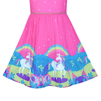 Girls Dress Embroidered Sash Blooming Flower Painting Style Blue - Pink Unicorn