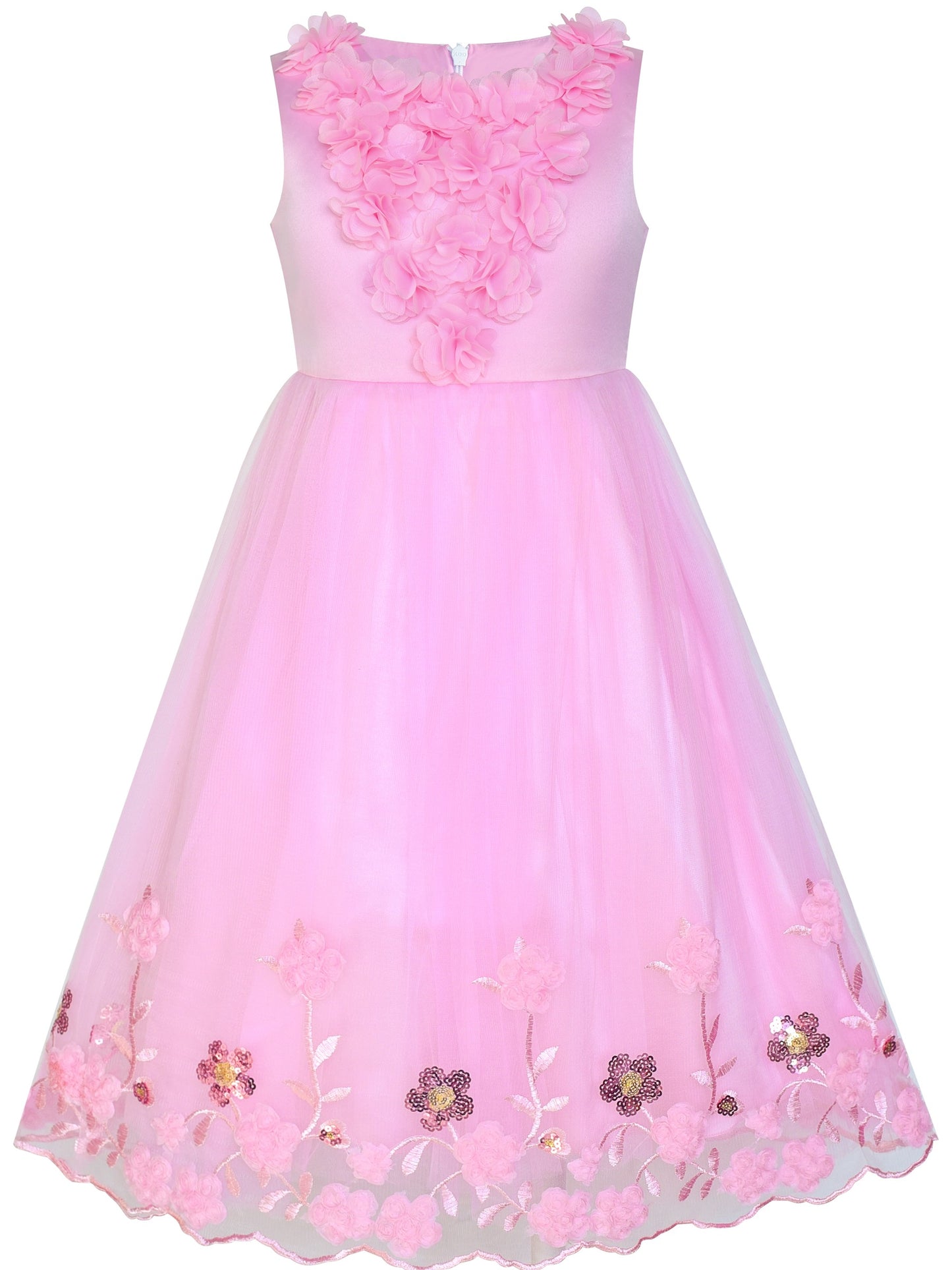 Girls Champagne Dress Sleeveless Floral Lace Calf Length Party Formal Dress Pink