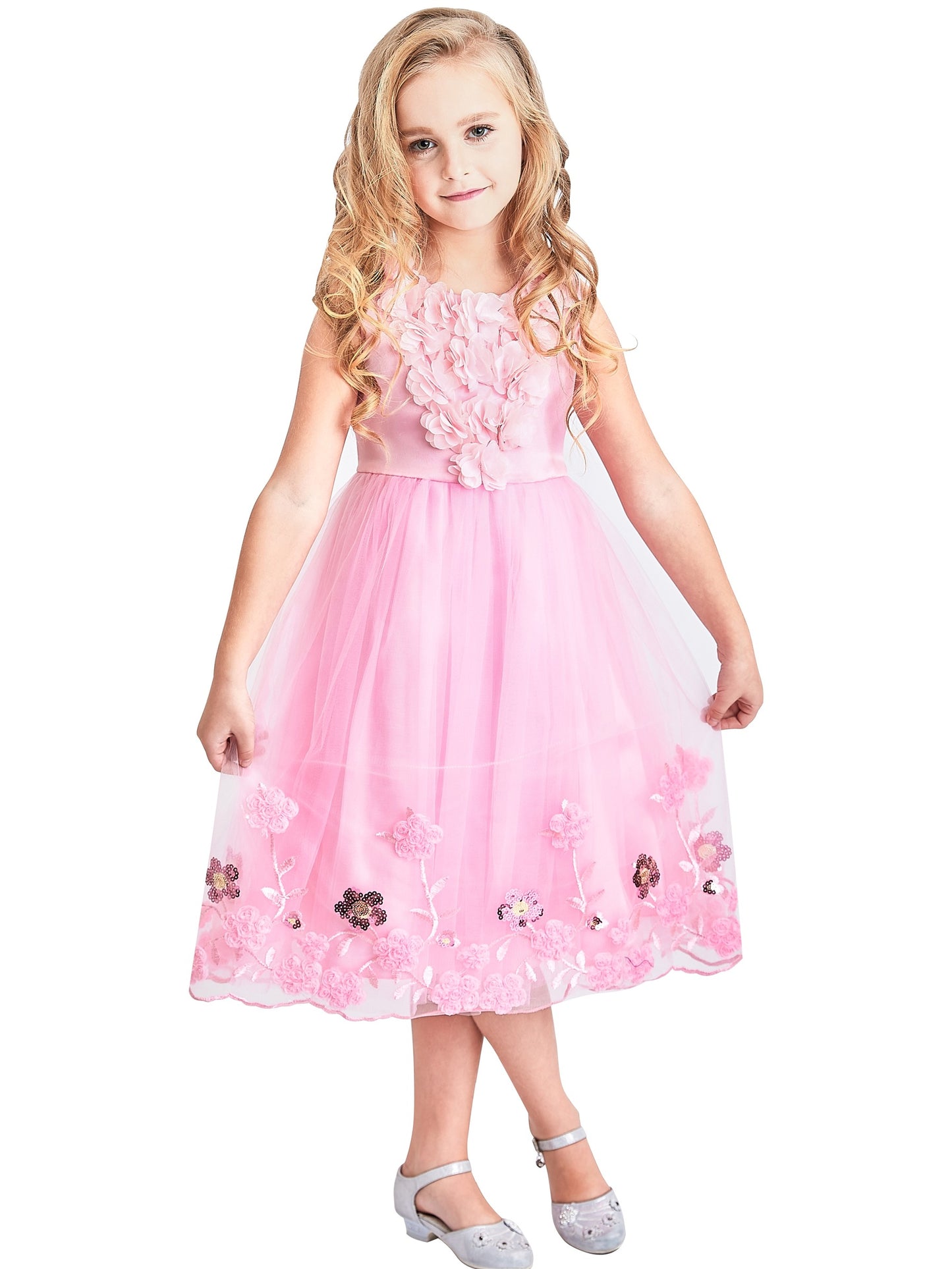 Girls Champagne Dress Sleeveless Floral Lace Calf Length Party Formal Dress Pink