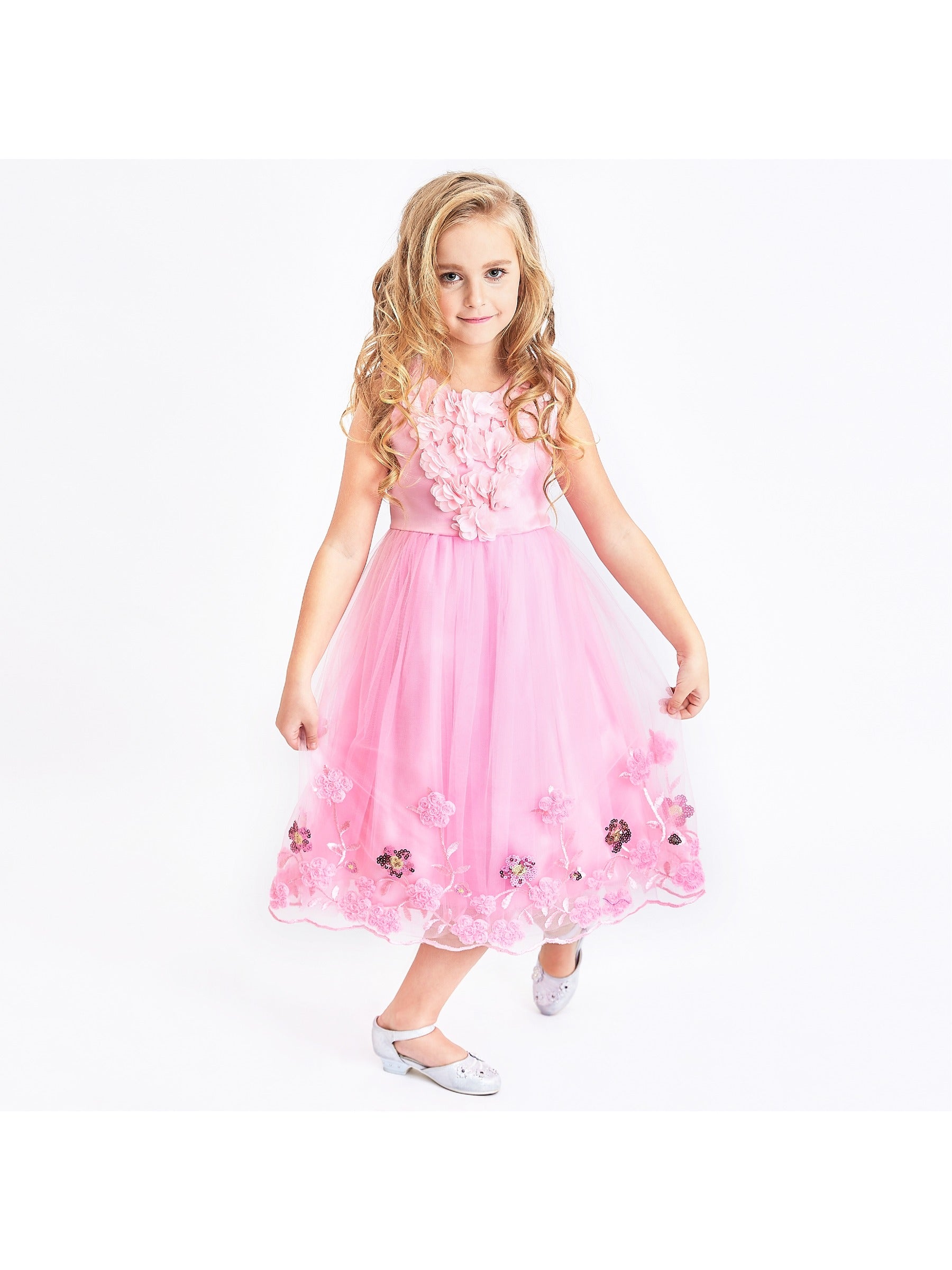 Girls Champagne Dress Sleeveless Floral Lace Calf Length Party Formal Dress Pink