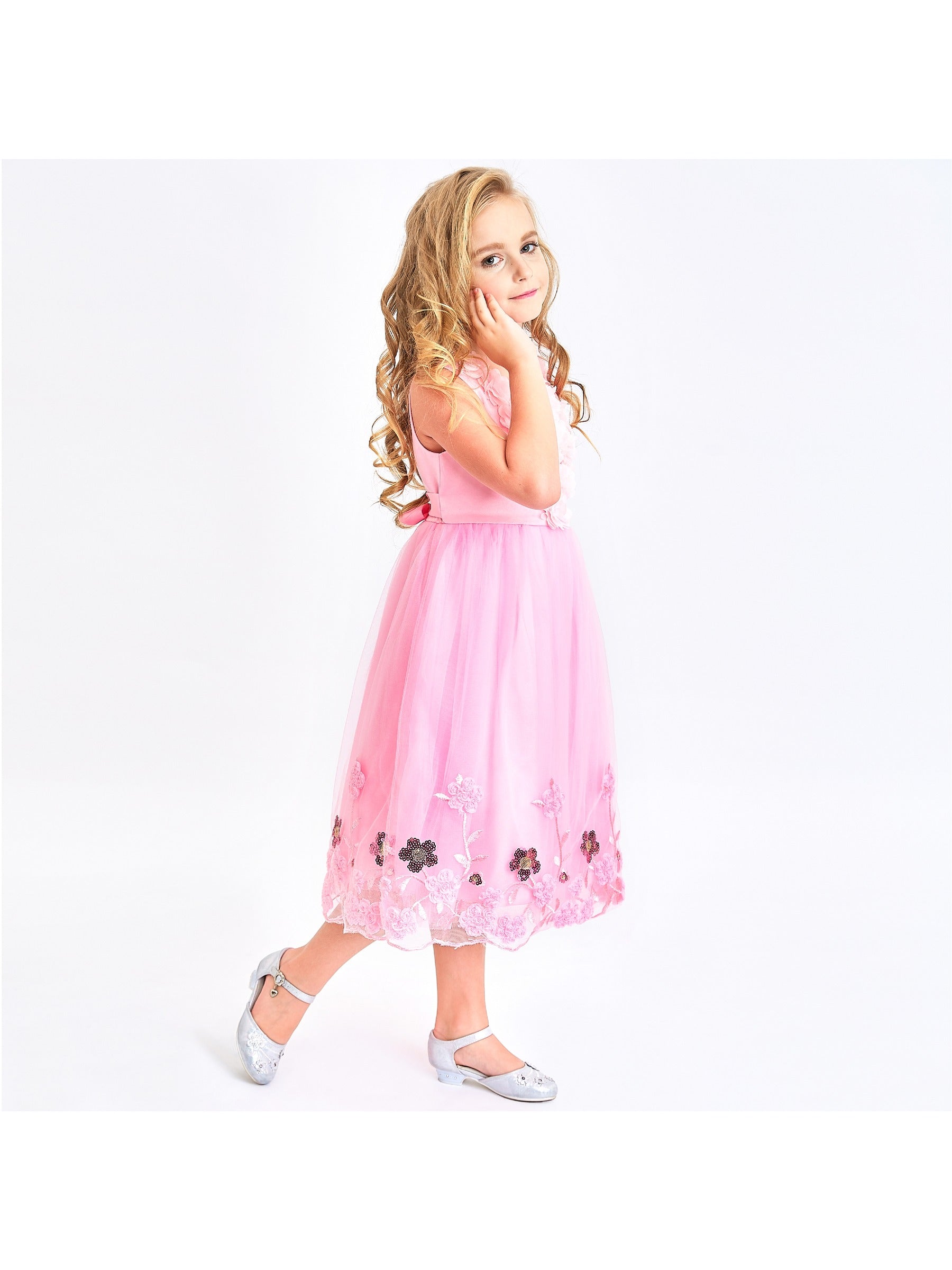 Girls Champagne Dress Sleeveless Floral Lace Calf Length Party Formal Dress Pink