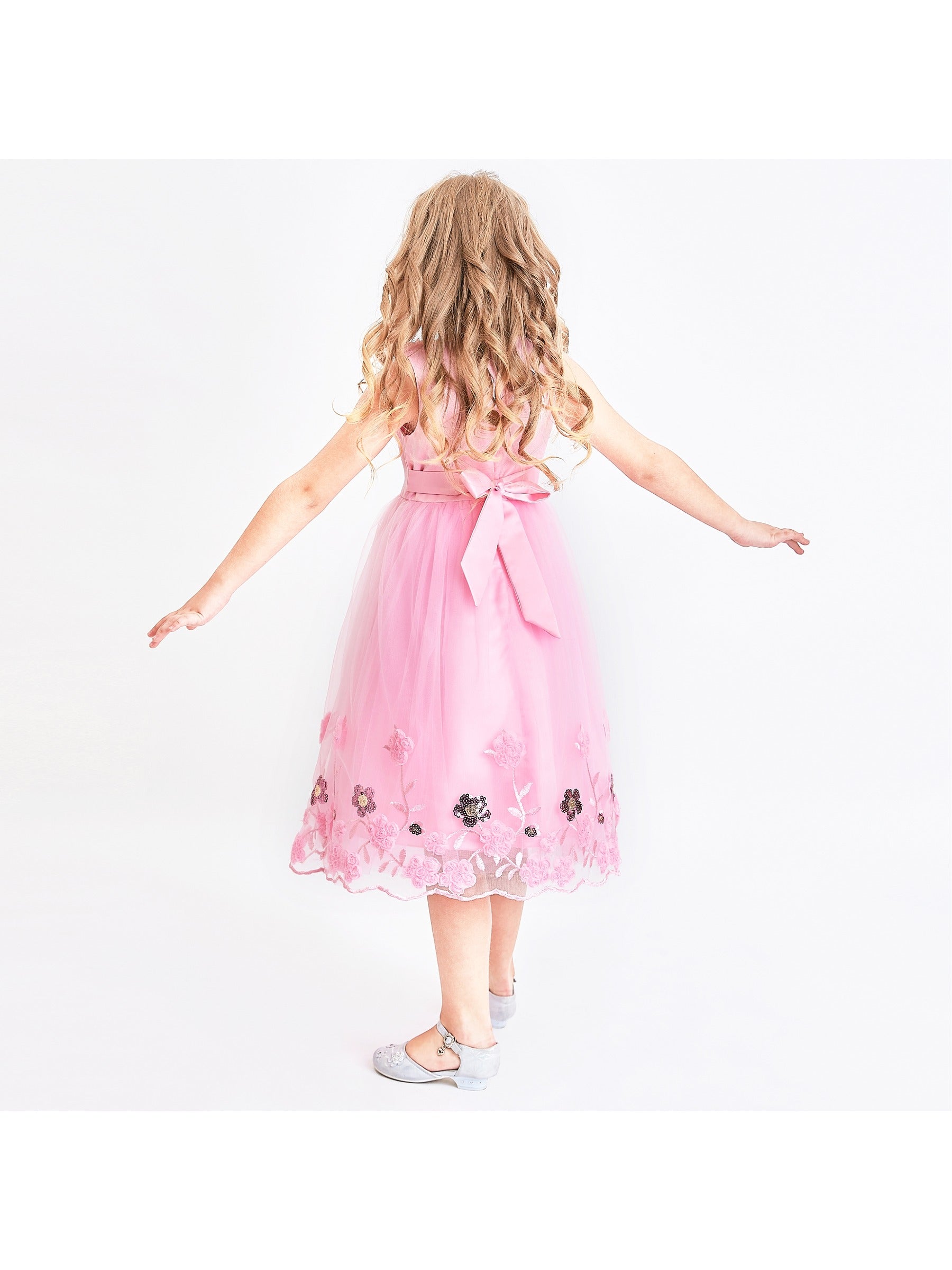 Girls Champagne Dress Sleeveless Floral Lace Calf Length Party Formal Dress Pink