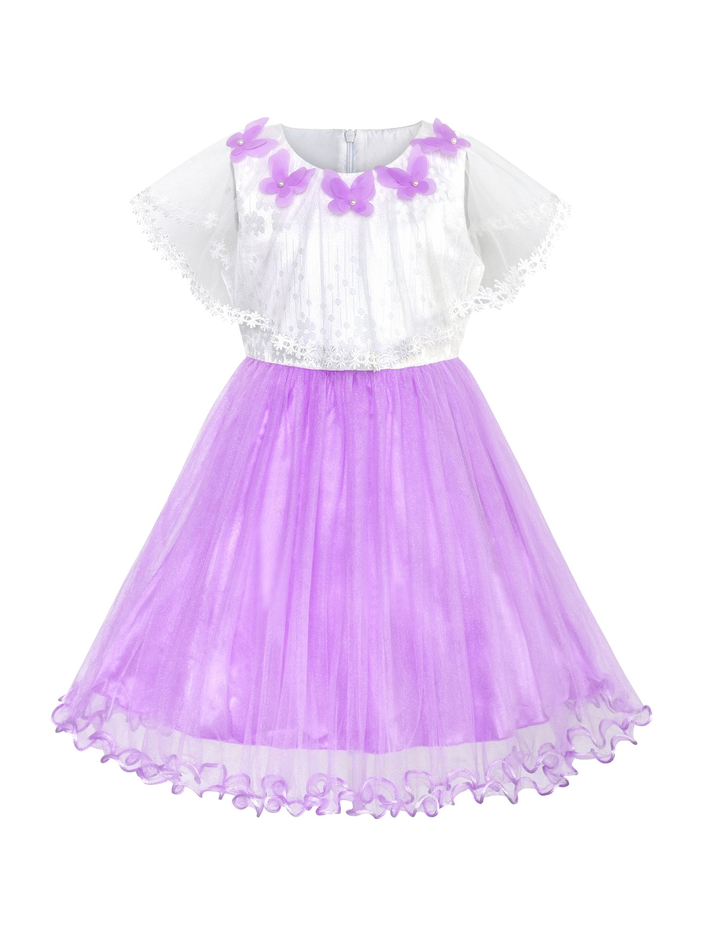 Girls Dress Wedding Flower Girl Lace Tulle Overlay with Shawl Pink Purple