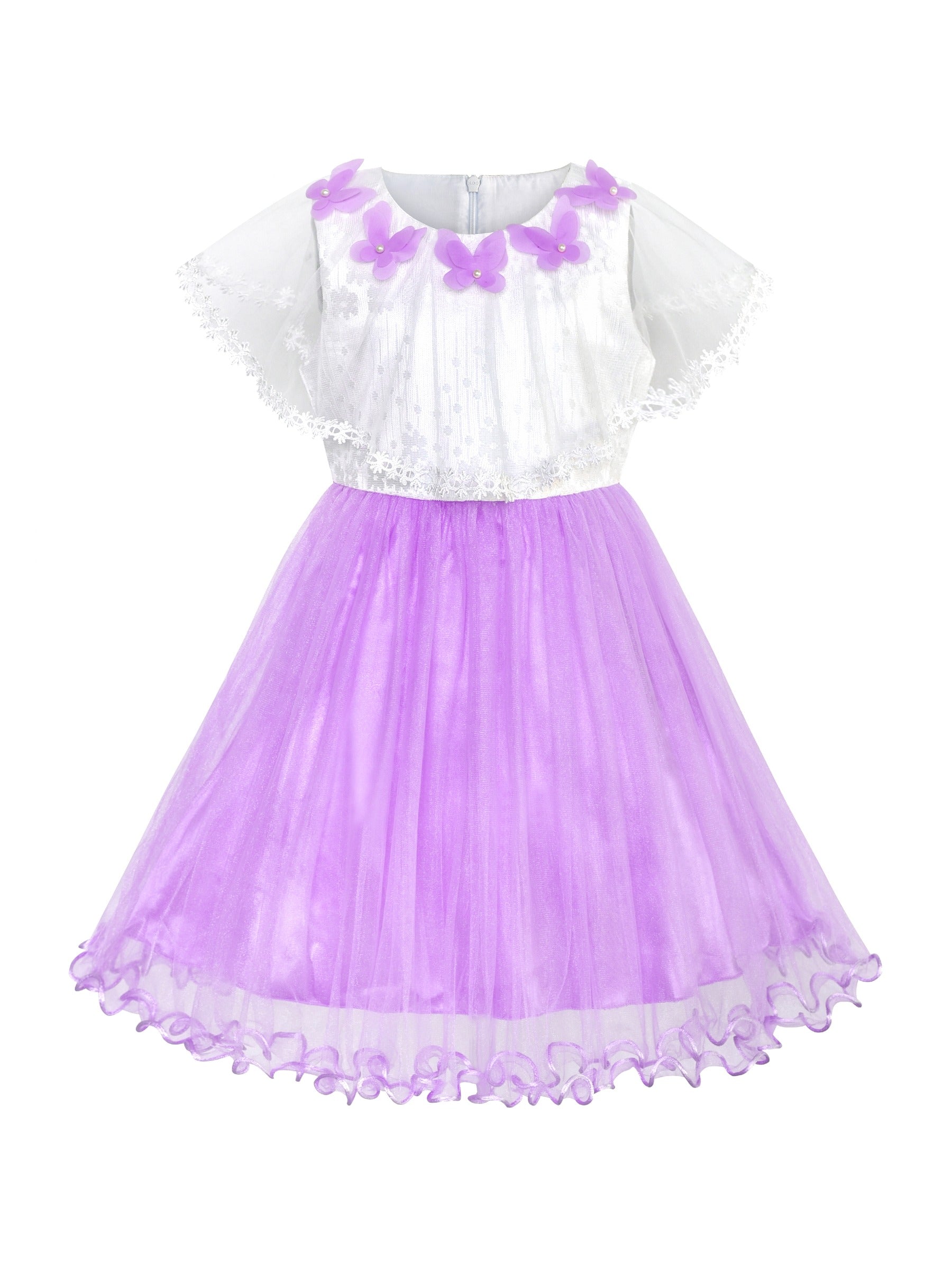 Girls Dress Wedding Flower Girl Lace Tulle Overlay with Shawl Pink Purple