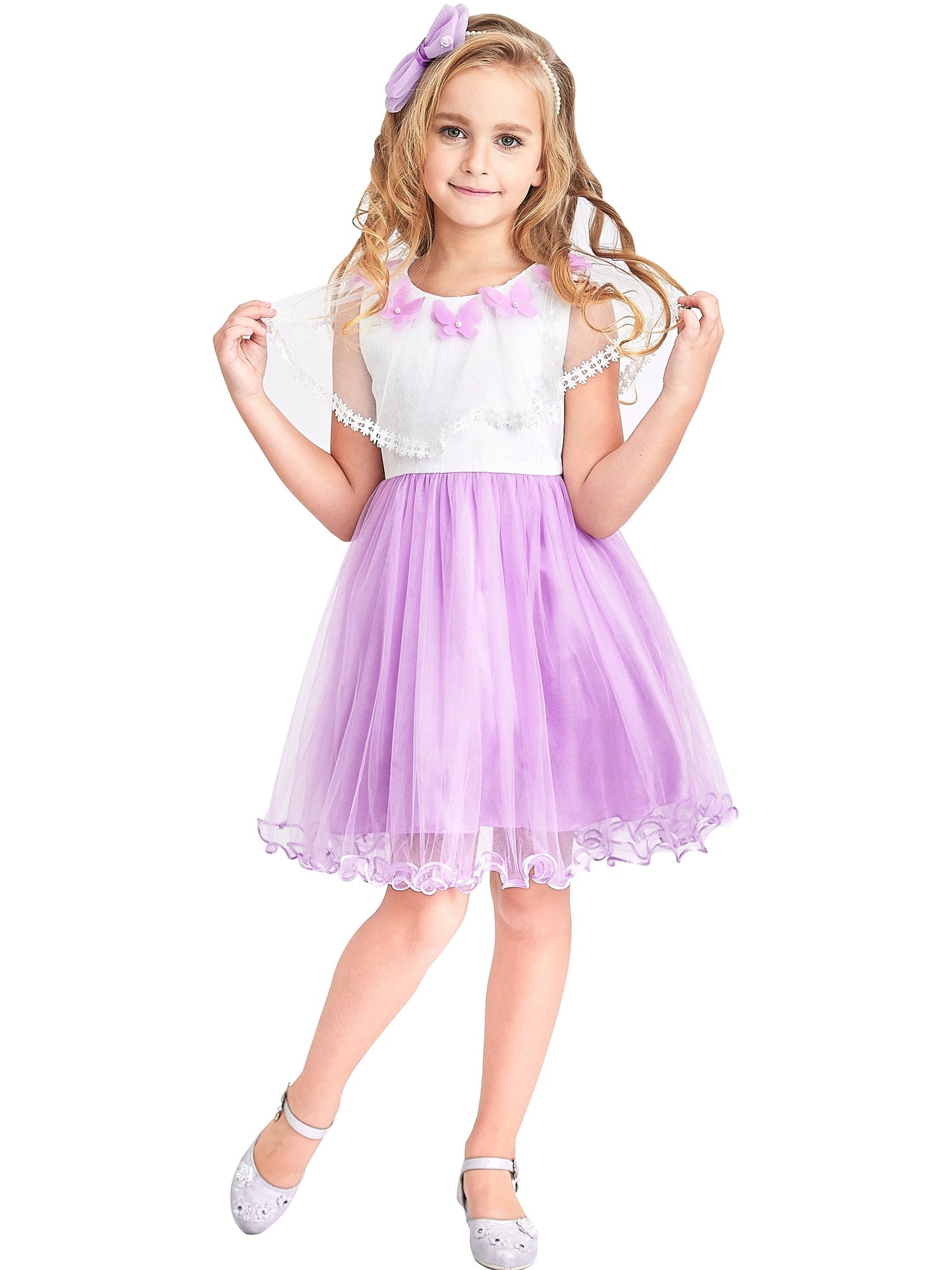 Girls Dress Wedding Flower Girl Lace Tulle Overlay with Shawl Pink Purple