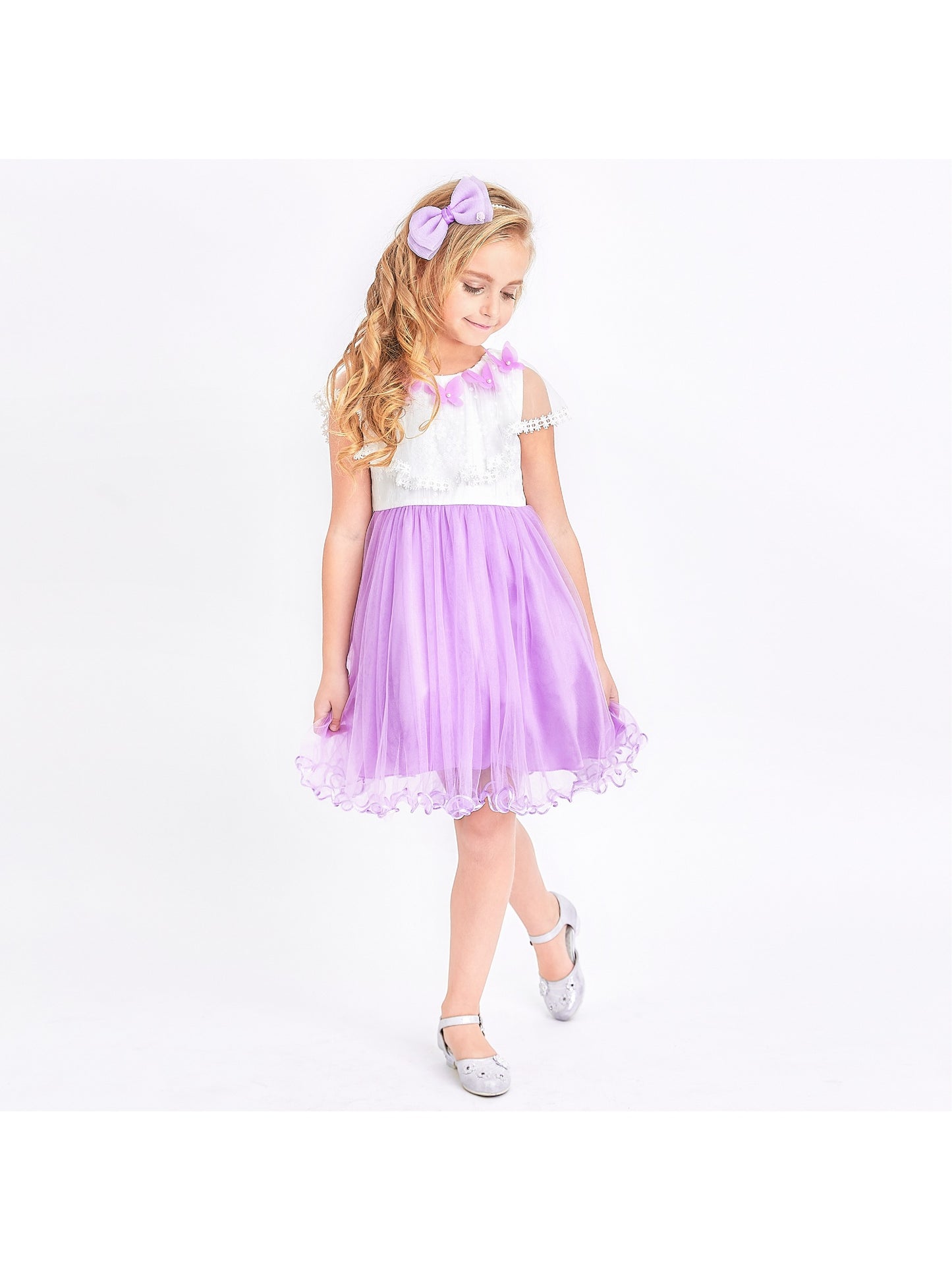 Girls Dress Wedding Flower Girl Lace Tulle Overlay with Shawl Pink Purple