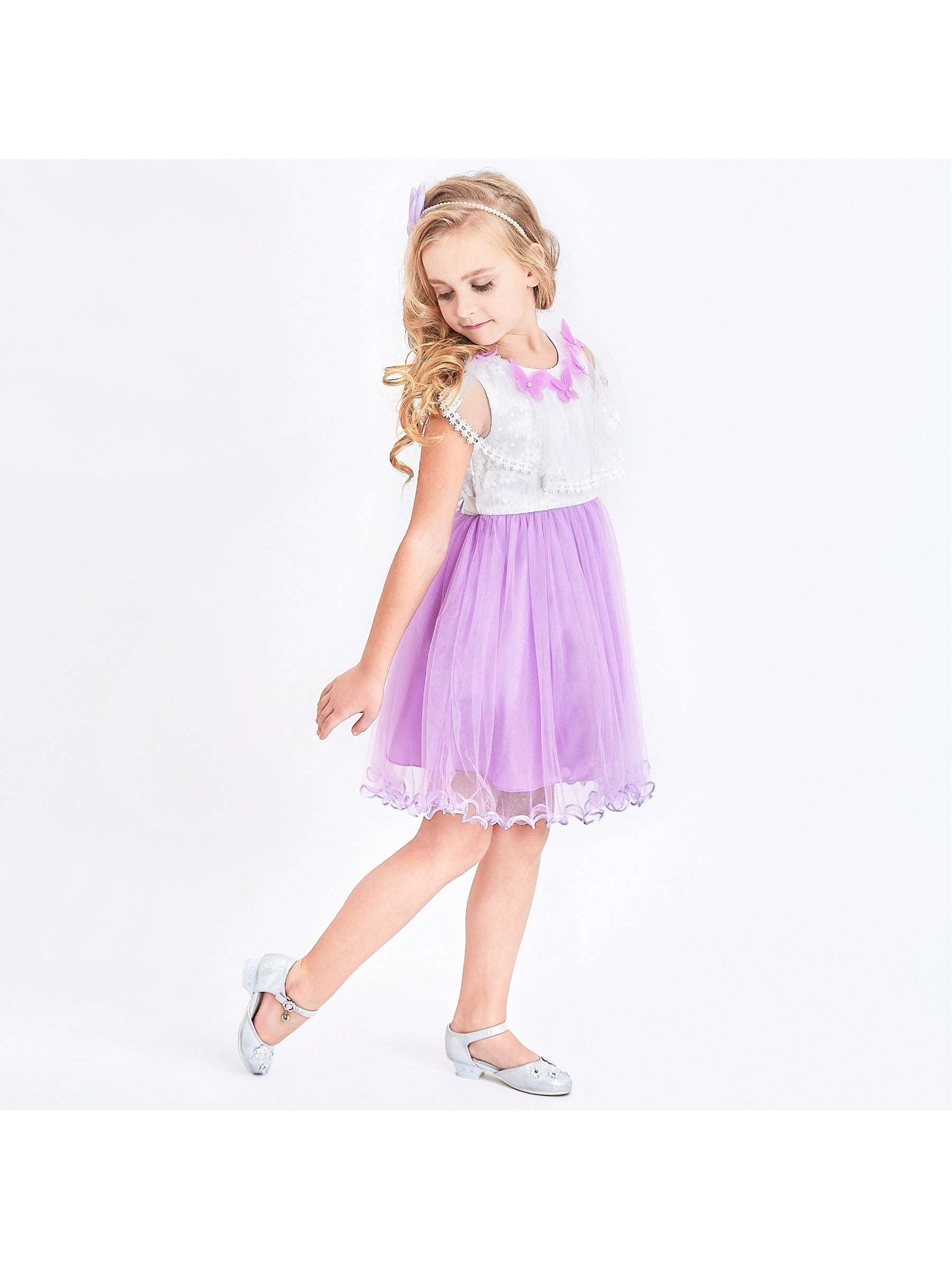Girls Dress Wedding Flower Girl Lace Tulle Overlay with Shawl Pink Purple