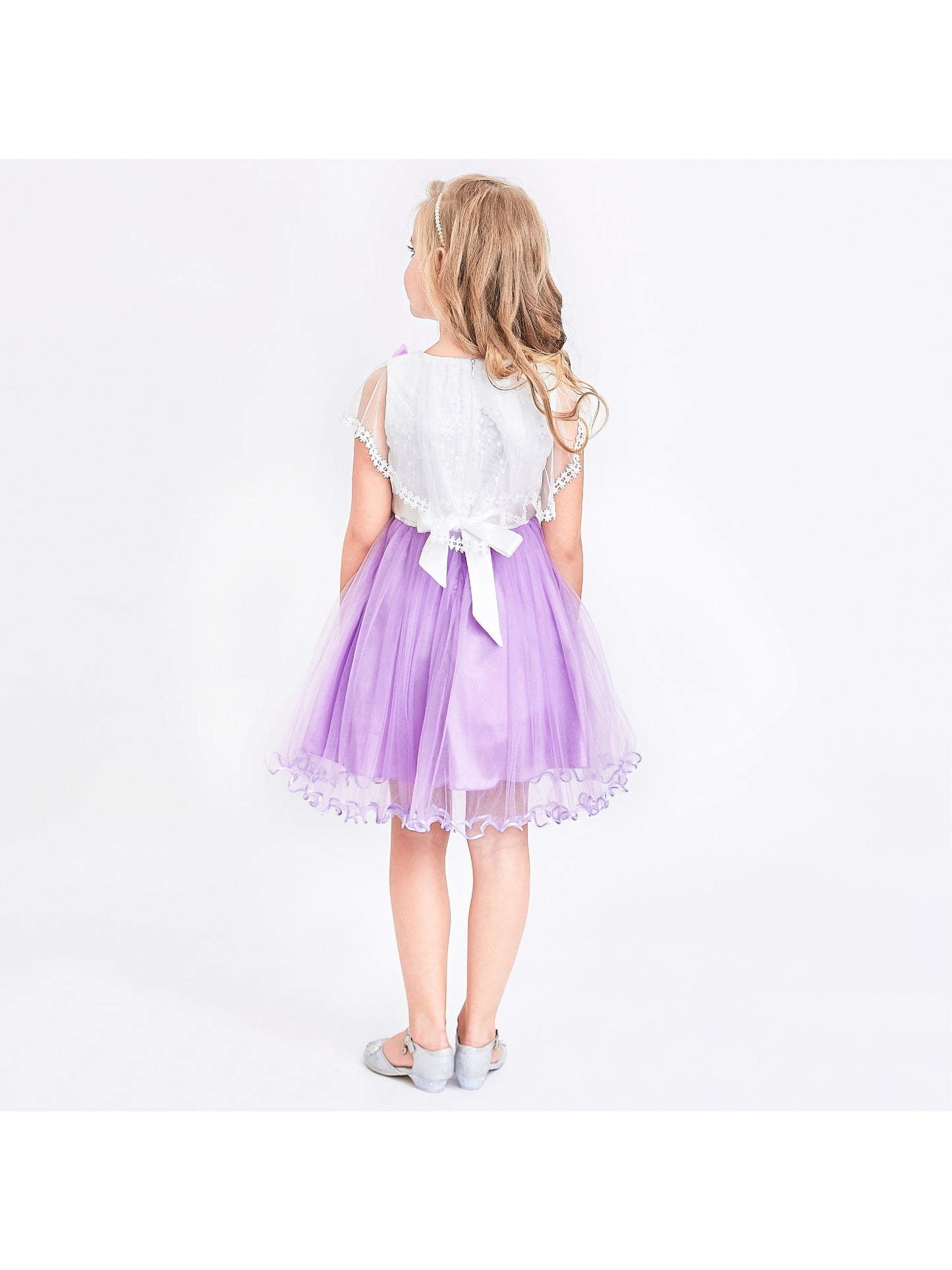 Girls Dress Wedding Flower Girl Lace Tulle Overlay with Shawl Pink Purple