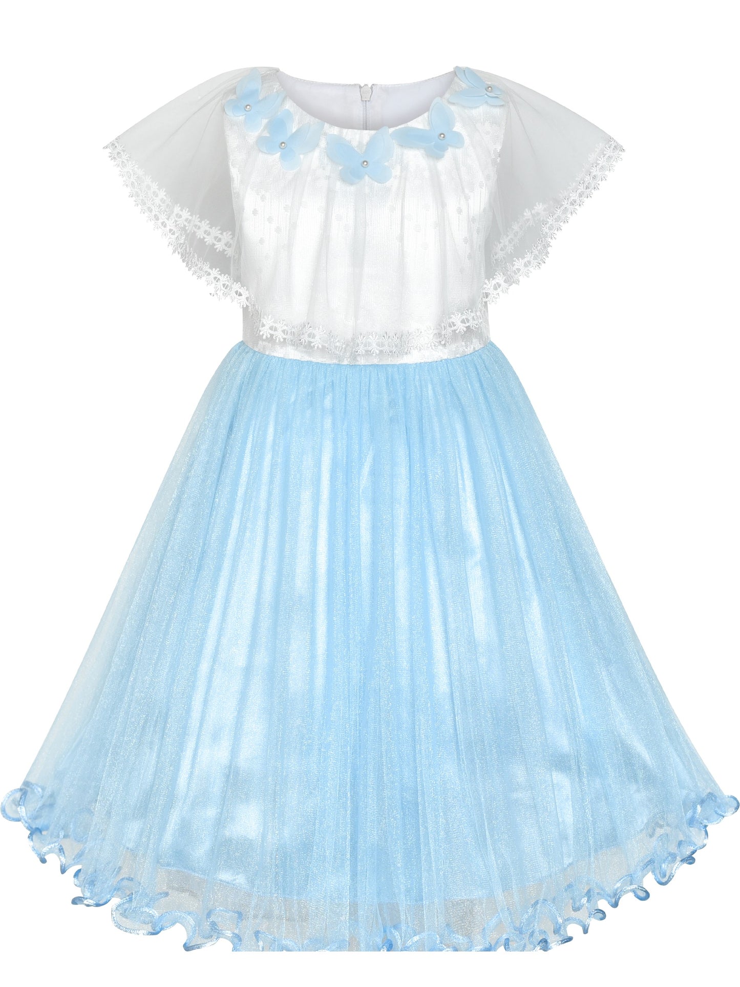 Girls Dress Wedding Flower Girl Lace Tulle Overlay with Shawl Pink Blue