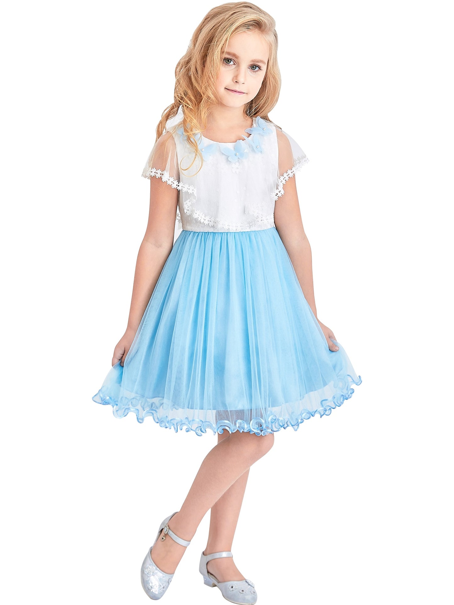 Girls Dress Wedding Flower Girl Lace Tulle Overlay with Shawl Pink Blue