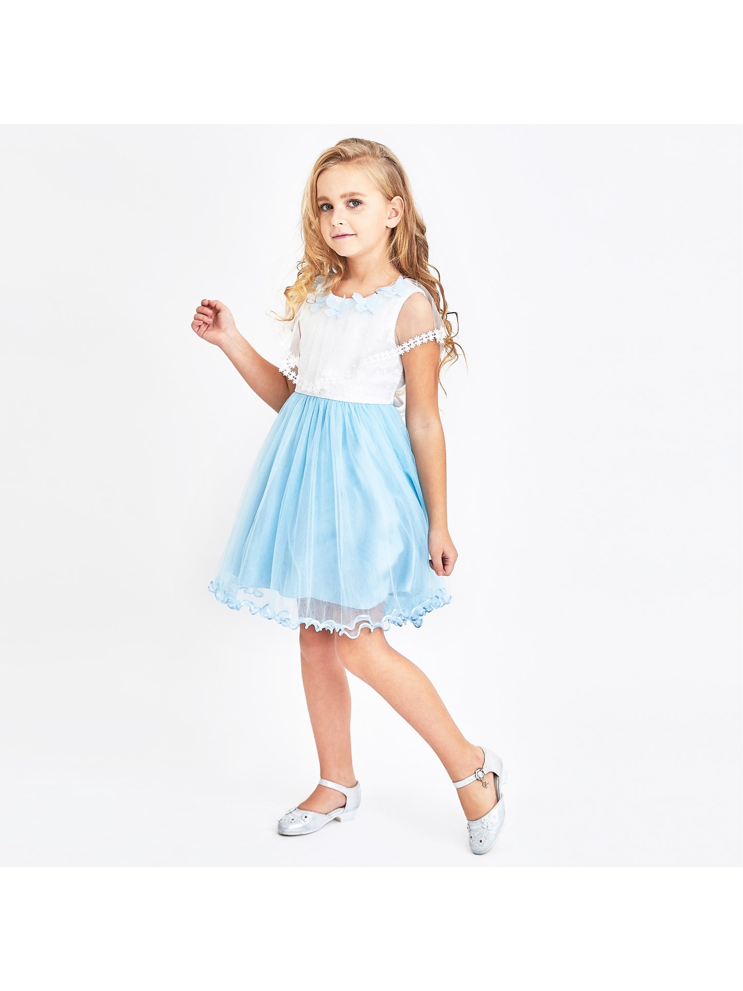 Girls Dress Wedding Flower Girl Lace Tulle Overlay with Shawl Pink Blue