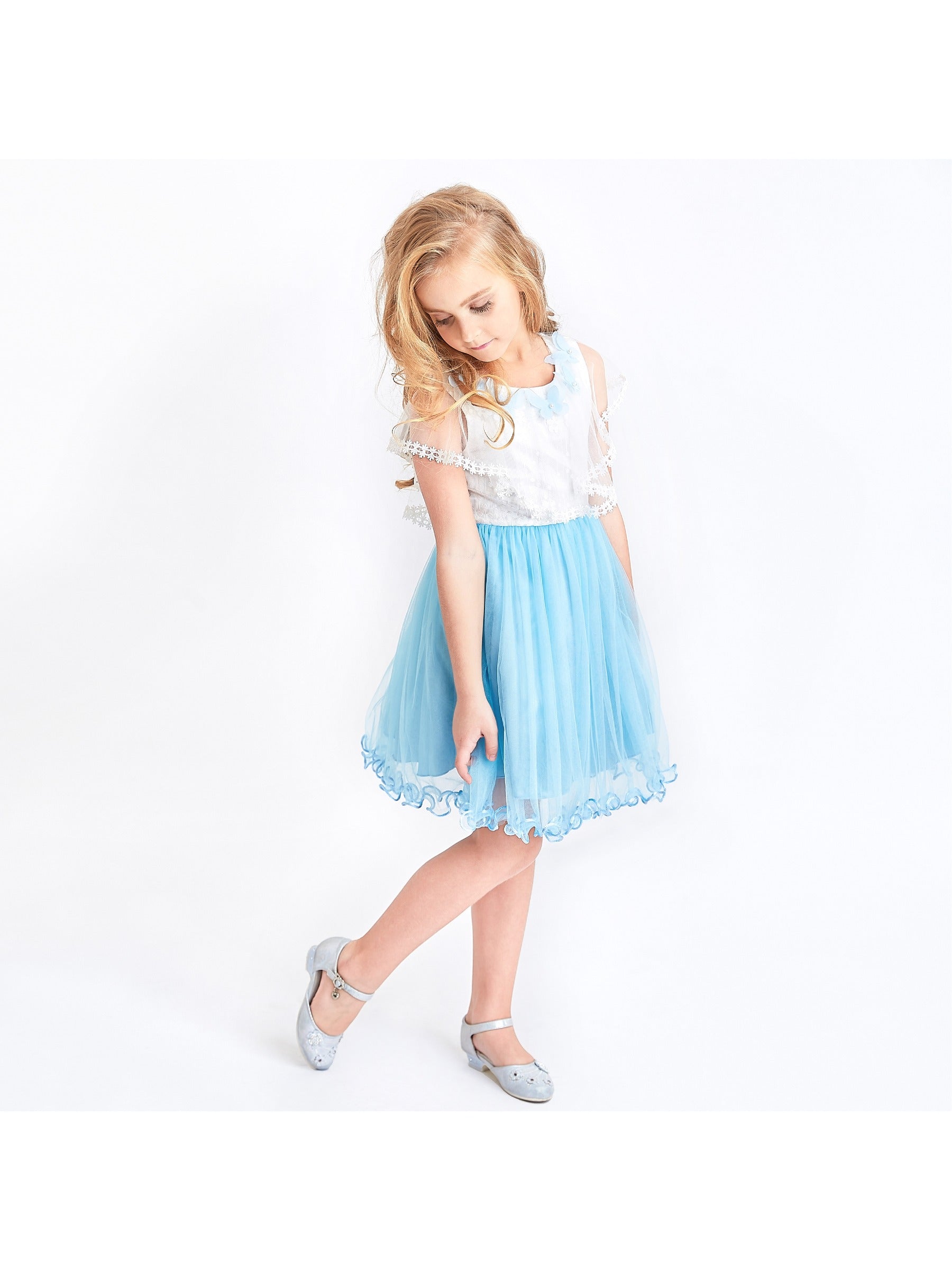 Girls Dress Wedding Flower Girl Lace Tulle Overlay with Shawl Pink Blue