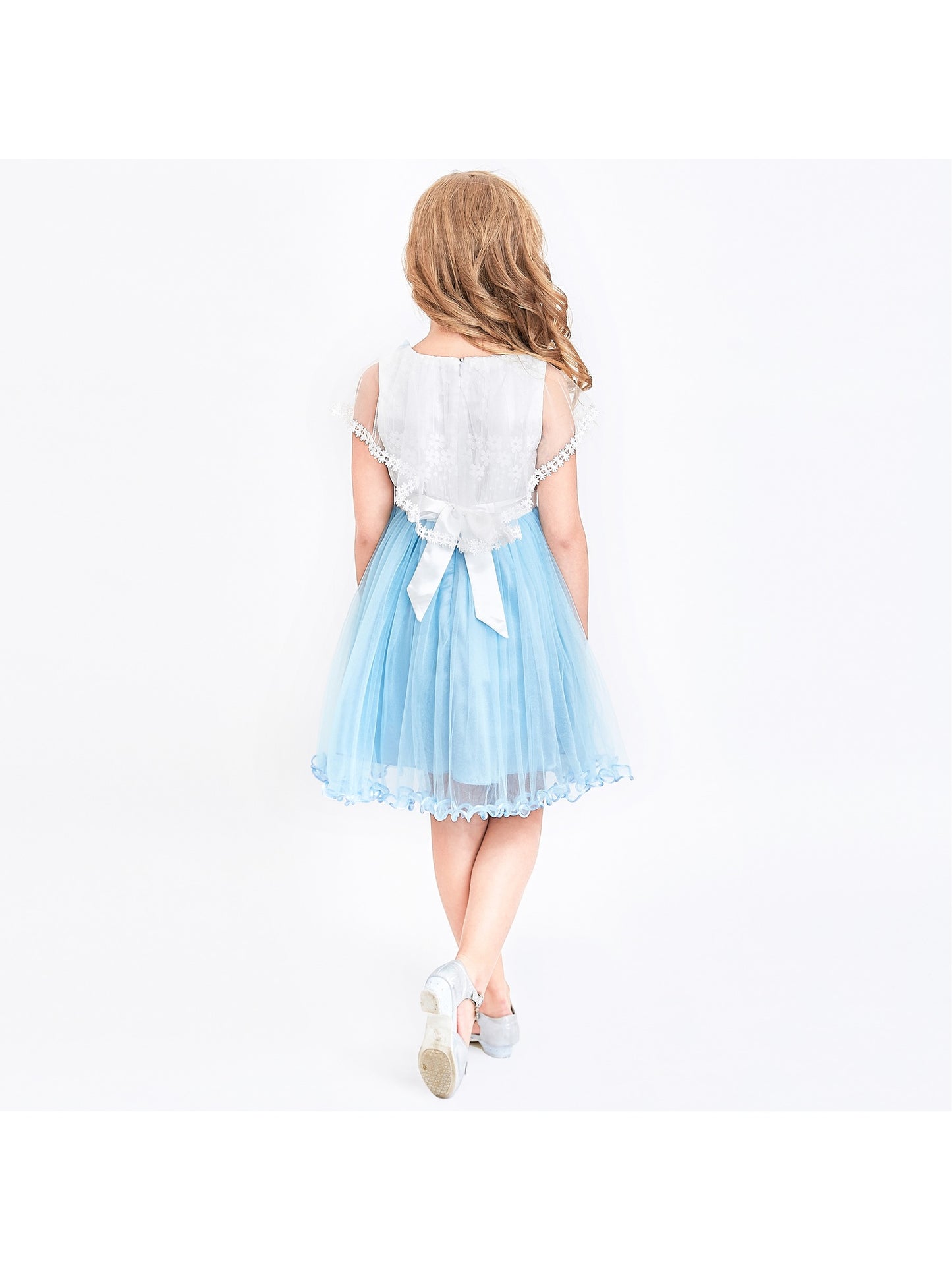 Girls Dress Wedding Flower Girl Lace Tulle Overlay with Shawl Pink Blue